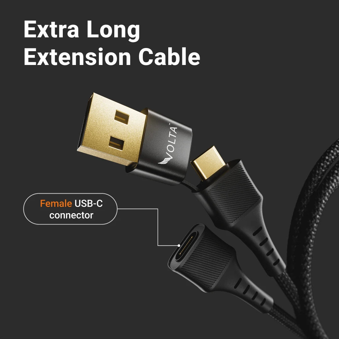 Volta 10ft USB C to USB A Extension Cable - Fast Charging & Data Sync for iPhone, Android, Laptop - Perfect for Home, Office, Car Charging & Gaming Setup