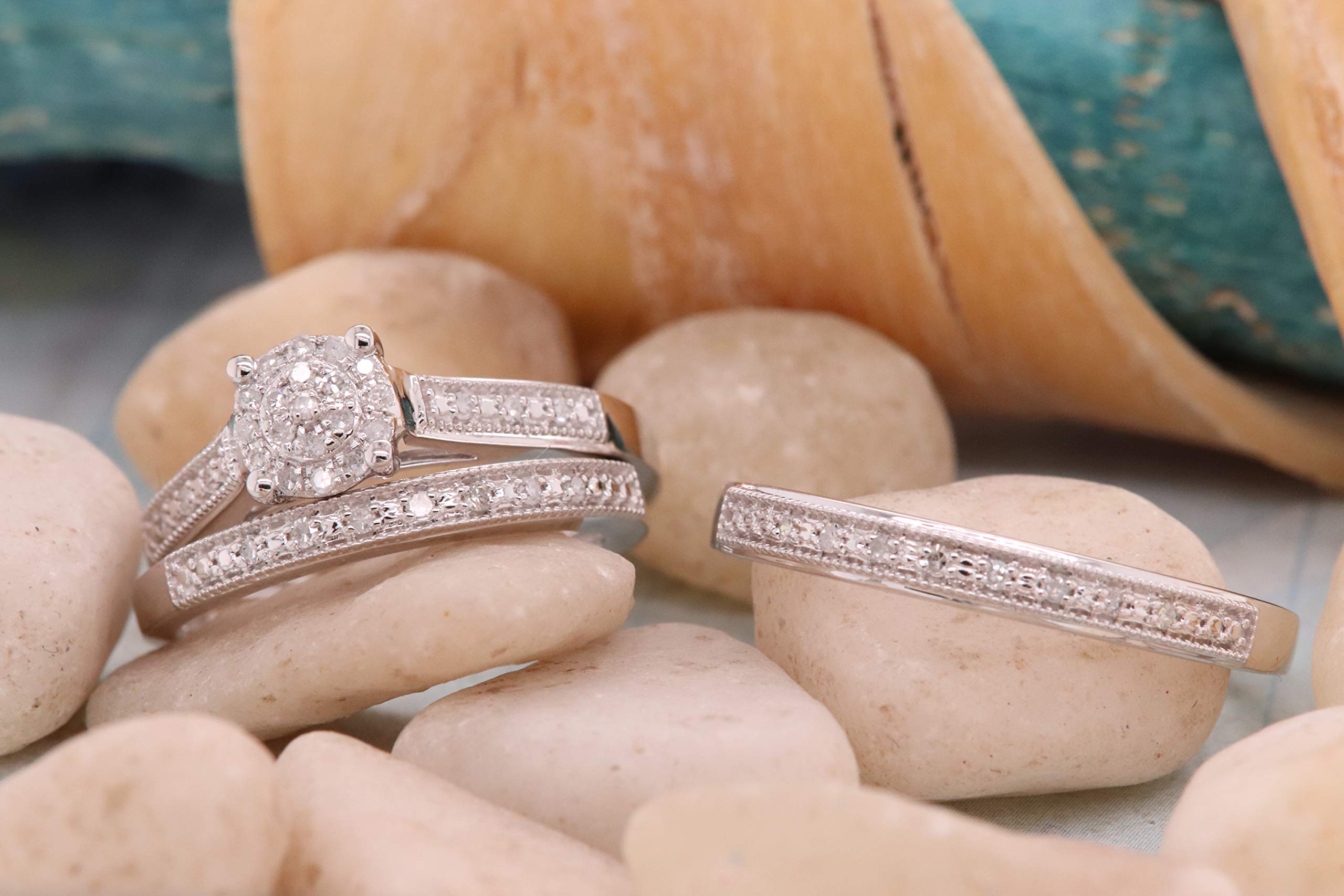 0.25 Carat Round White Diamond Cluster Ring Set for Men & Women - 10K Solid White Gold Wedding Band Trio - Perfect for Anniversary, Engagement & Everyday Wear
