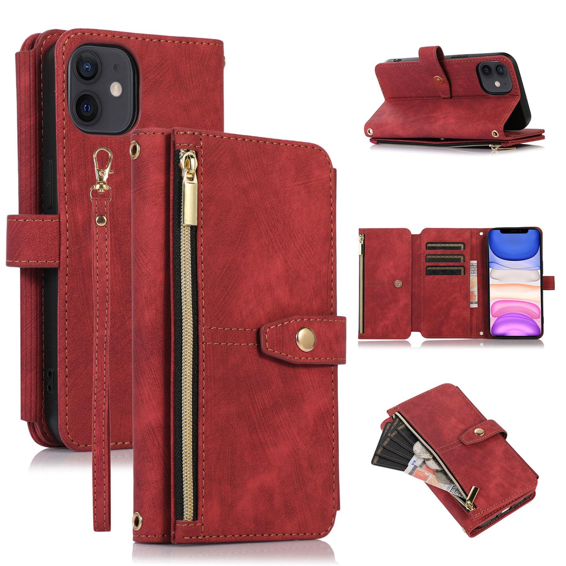 Premium Zipper Flip Leather Wallet Phone Case for iPhone XR with Wrist Strap - Red | Slim RFID Blocking Card Holder for Credit Cards & ID | Perfect for Travel, Shopping & Everyday Use