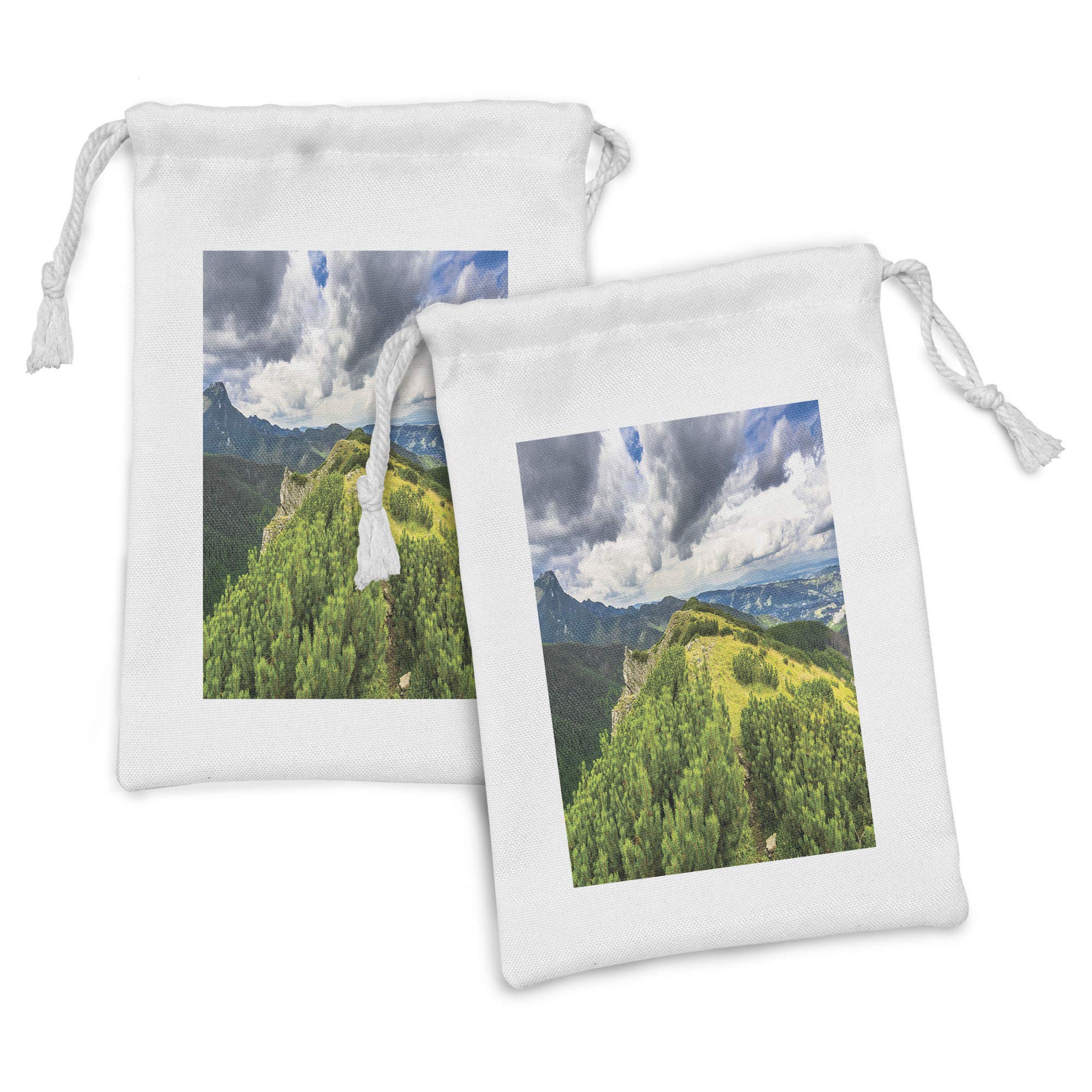 Ambesonne Evergreen Fabric Pouch Set of 2 - Cloudy Sky Mountain Ridge Scenery Drawstring Bags for Travel, Toiletries & Masks (9