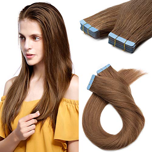 S-noilite 40Pcs 100Gram Rooted Tape-in Hair Extensions - 100% Remy Human Hair for Women - Seamless Skin Weft Invisible Double Sided Tape - Full Head 20 Inch (#06 Light Brown) - Perfect for Daily Styling, Parties & Special Occasions