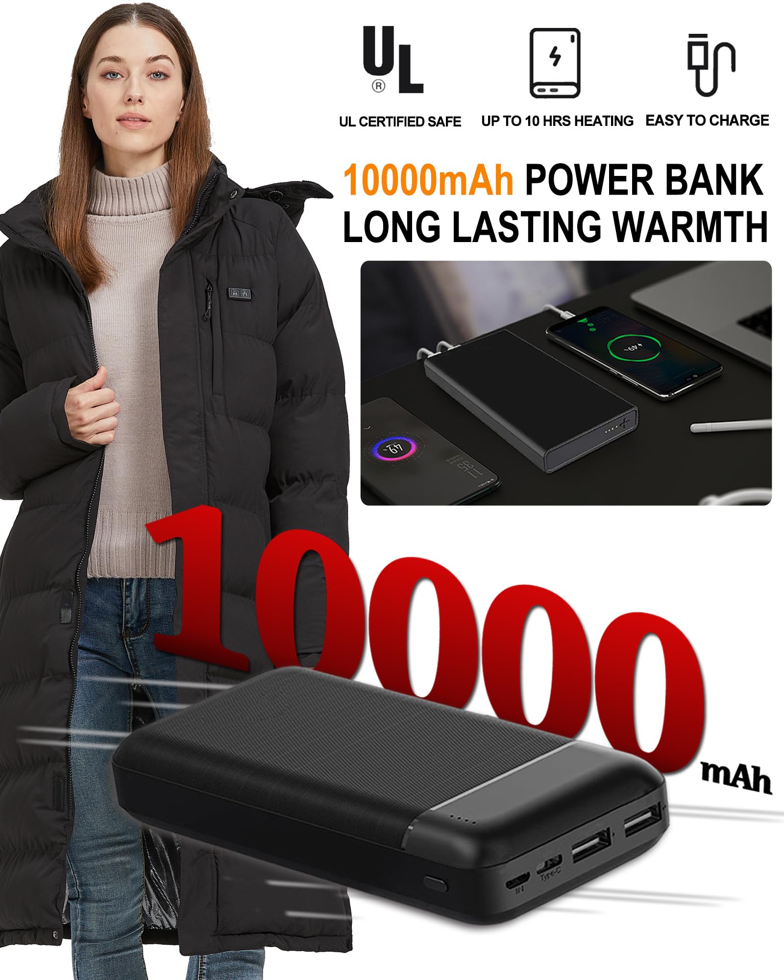 Women's Heated Winter Jacket with Rechargeable Battery Pack - Windproof Long Coat for Outdoor Activities, Hiking & Cold Weather