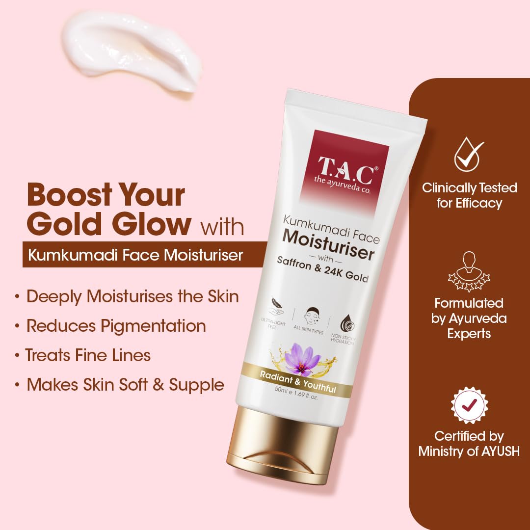TAC Kumkumadi Gold Glow Face Moisturizer with Saffron & 24K Gold - Hydrating Non-Sticky Face Cream for Glowing Skin - Reduces Pigmentation & Dark Spots - Brightening Essence for Radiant & Youthful Skin - 50ml - Perfect for Daily Skincare Routine & Nighttime Hydration