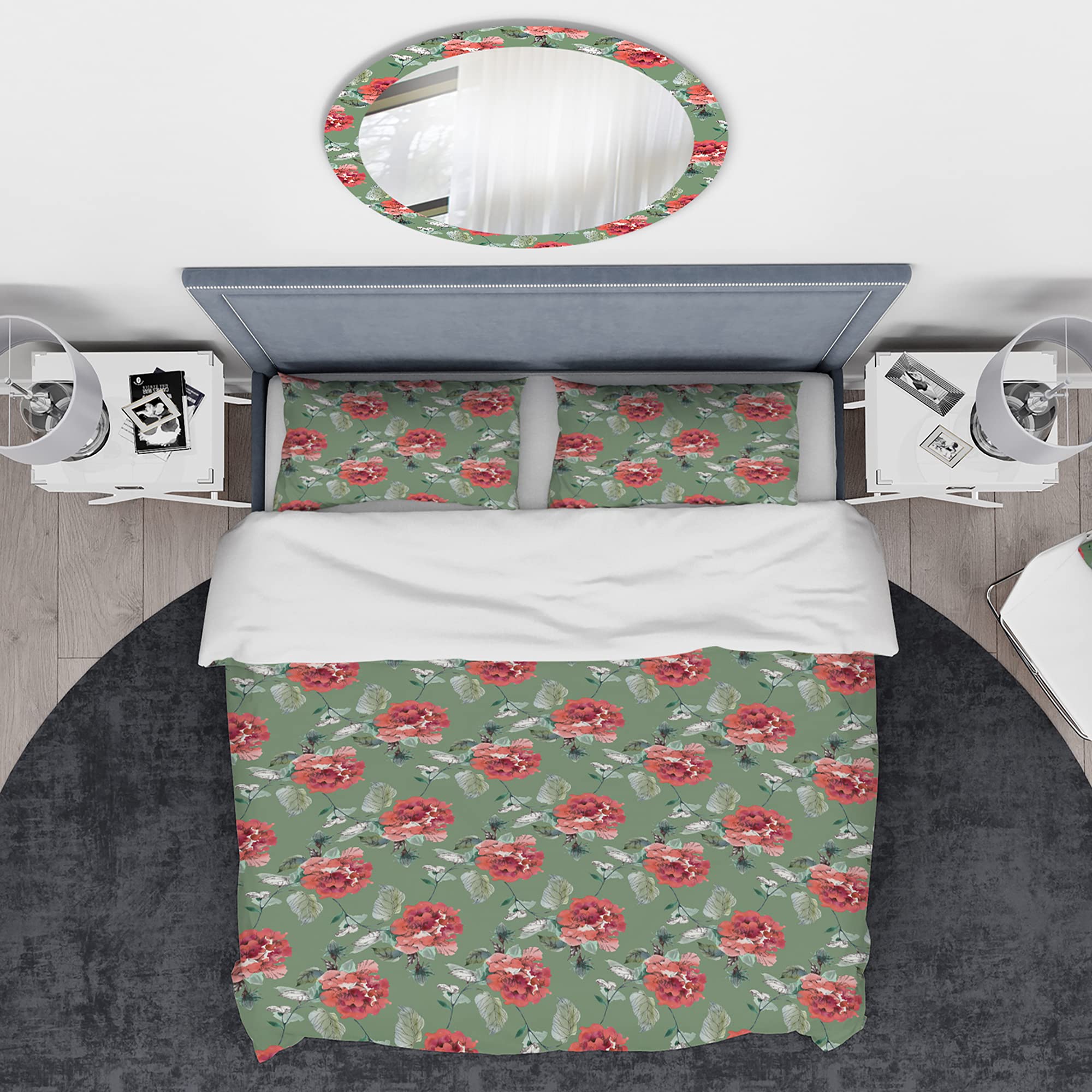 Nautical Floral Duvet Cover Set King - Red Rose & Green Coastal Design for All Seasons