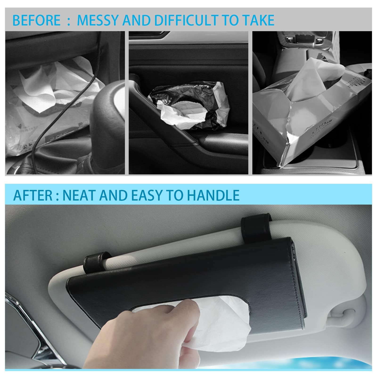 Black PU Leather Car Sun Visor Tissue Holder - Hanging Napkin Storage Box & Clip for Car Accessories | Perfect for Road Trips, Commuting & Family Travel