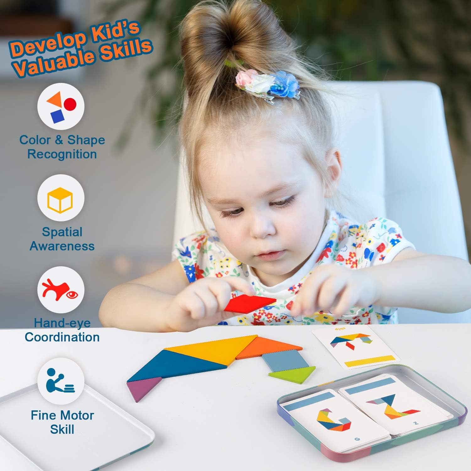Vanmor Wooden Tangram Puzzle Set - 36 Pattern Blocks & 60 Shape Cards - Brain Teaser Educational Toys for Kids Ages 4-8 - Perfect for Classroom Learning, Travel Games & Road Trip Activities