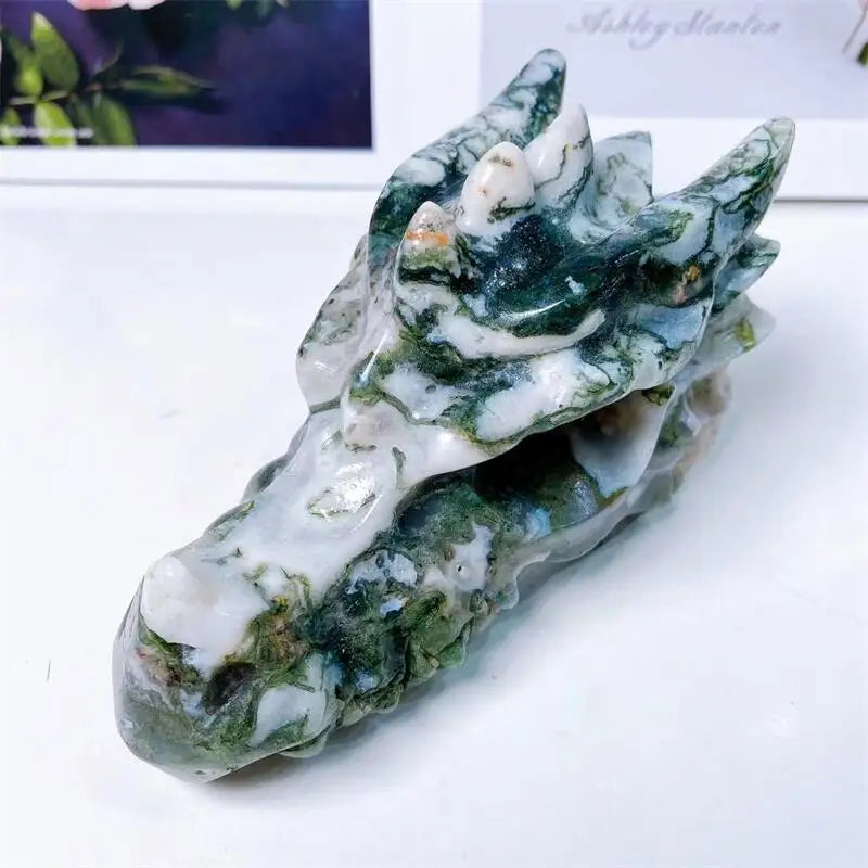 10CM Natural Moss Agate Dragon Skull Carved Crystal Statue - Healing Crystal for Feng Shui, Reiki Energy, Home & Office Decor - Unique Spiritual Gift for Meditation & Yoga Spaces
