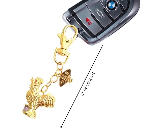 Feng Shui Rooster with Fan Amulet Keychain - Lucky Charm for Home, Office & Travel - Brings Good Fortune & Positive Energy