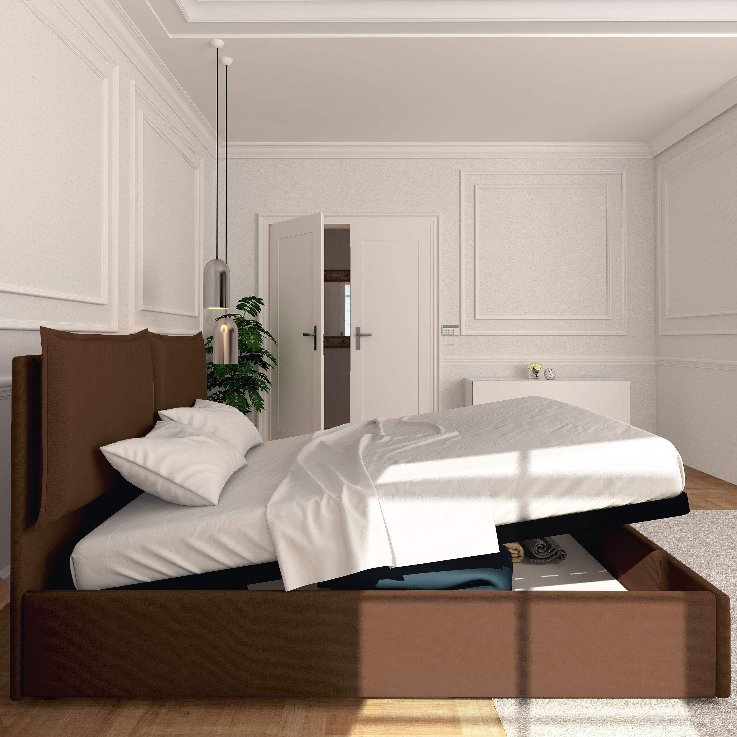 Baldiflex Licia Fabric Queen Size Bed Frame with Slatted Base, Storage Drawer & Padded Headboard - 160x200cm, Brown - Perfect for Master Bedrooms & Guest Rooms