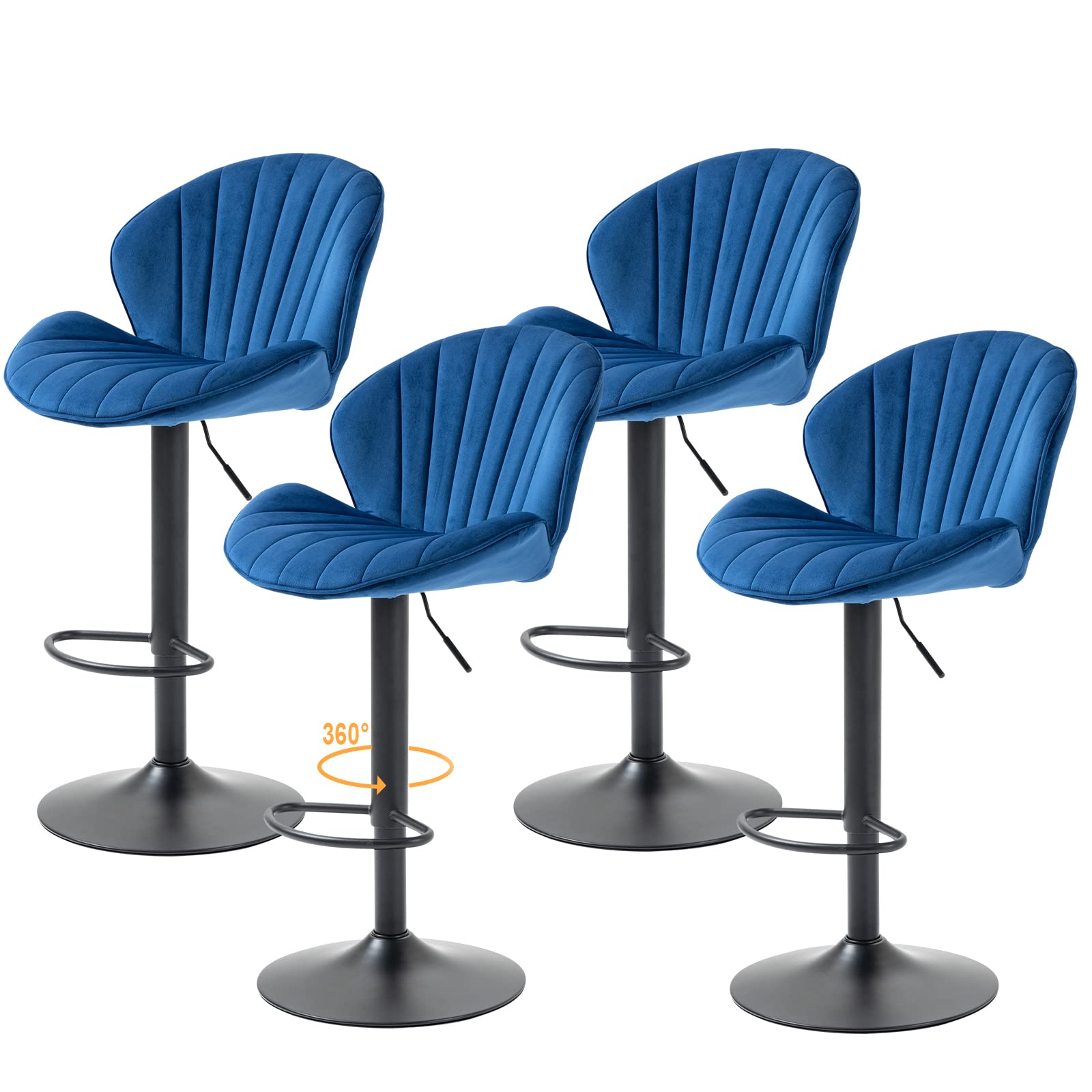 4 Pack Swivel Bar Stools with High Back - Adjustable Height Velvet Upholstered Counter Stools for Kitchen, Dining Room, Bar & Club - Blue - Perfect for Entertaining & Home Decor