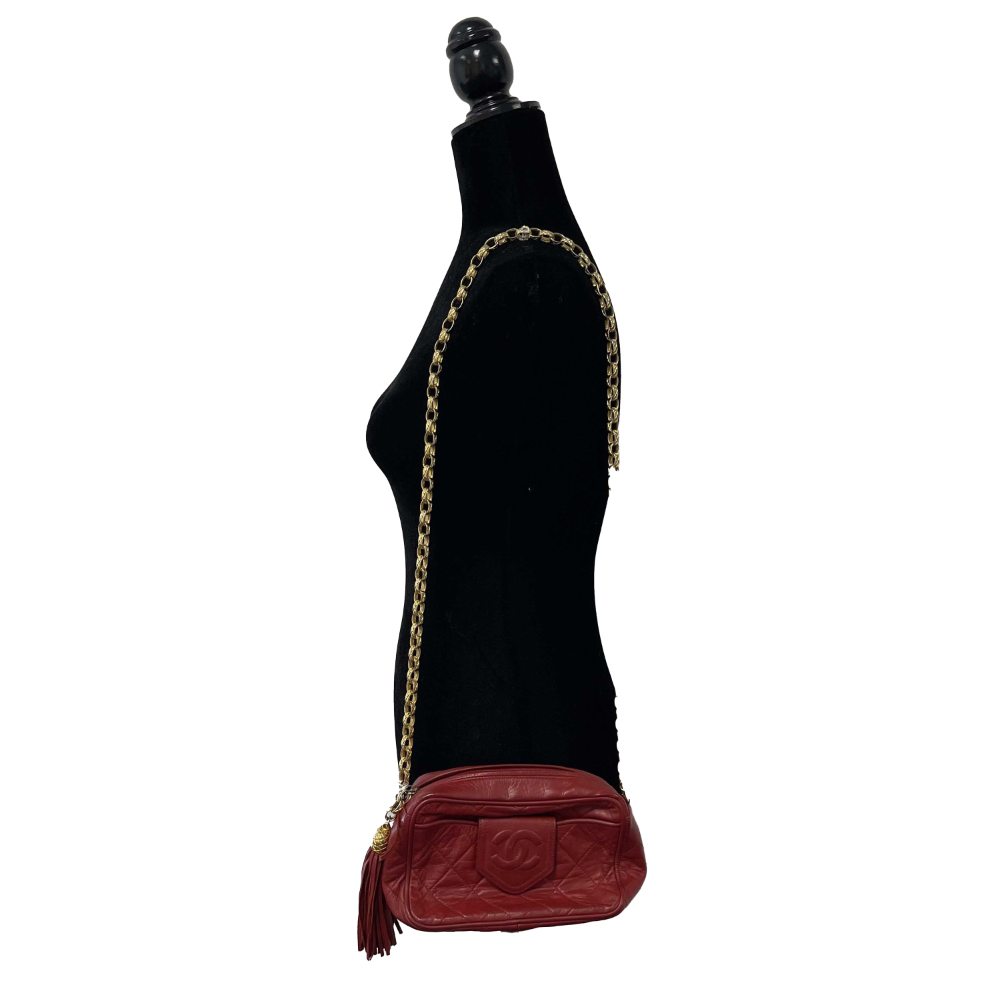 Vintage CHANEL CC Red Lambskin Gold Chain Tassel Camera Crossbody Bag for Women | Luxury Designer Shoulder Bag for Parties, Dating & Special Occasions