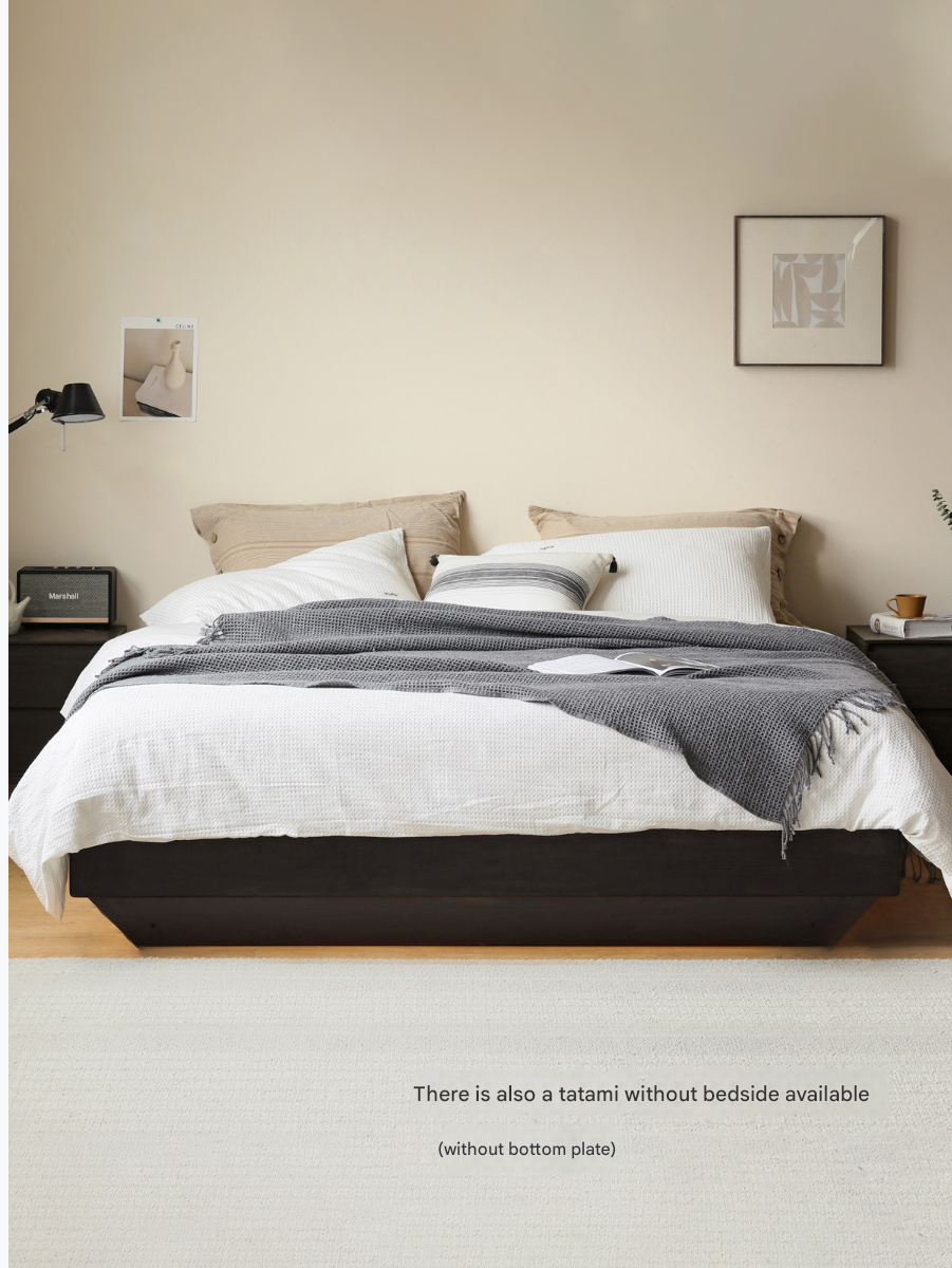 Solid Oak Wood Floating Platform Bed with LED Lights - Modern Smoky Finish for Bedroom, Guest Room, or Studio Apartment