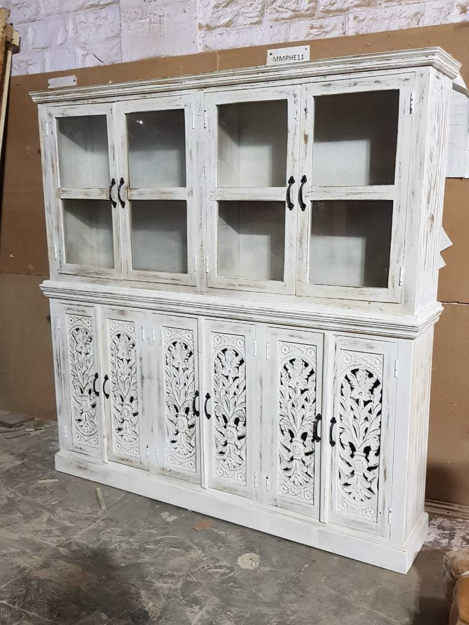 Hand Carved Indian Solid Wood Buffet Cabinet Sideboard Hutch - White | Rustic Dining Room Storage Furniture for Home Decor & Entertaining