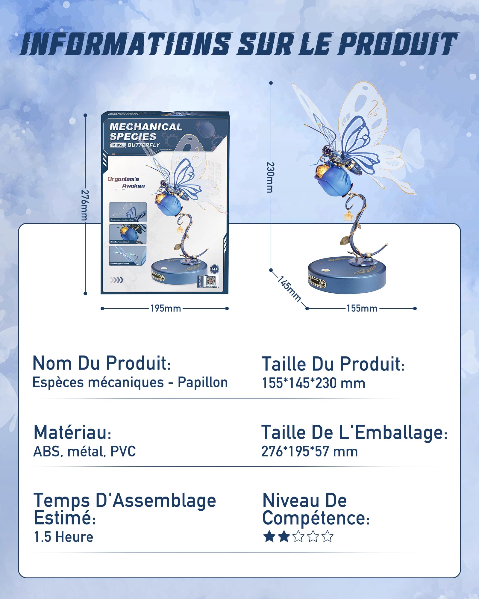 ROBOTIME 3D Metal Mechanical Puzzle Kit - DIY Butterfly Model with LED Lights for Adults & Teens | Unique Home Decor, Birthday Gift | Easy Assembly STEM Building Toy (Blue) - Perfect for Office Desk Display, Night Light, and STEM Education Projects