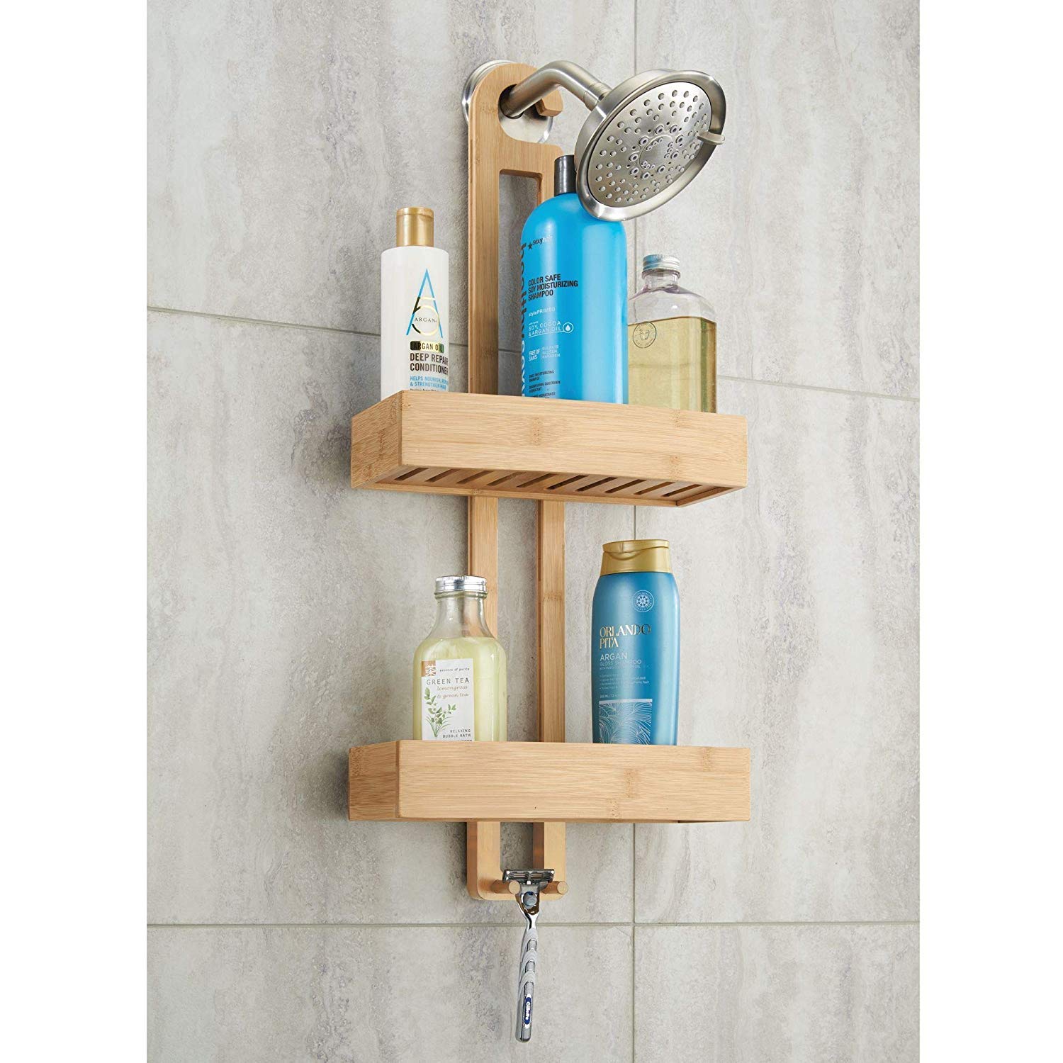 iDesign Formbu Bamboo Hanging Shower Caddy Organizer - Natural Beige Bathroom Storage for Shampoo, Conditioner, Soap with Hooks for Razors, Towels & Loofahs (11.05