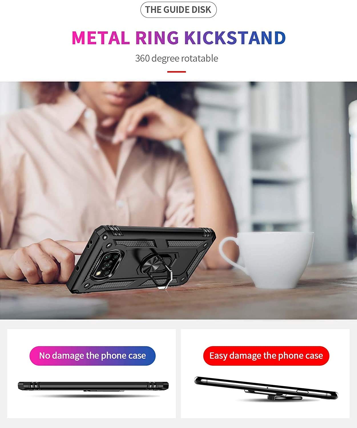 **YaHan 2-Pack Heavy Duty Shockproof Case for Xiaomi Poco X3 NFC/X3 – 360° Rotating Ring Kickstand & Tempered Glass Screen Protector – Perfect for Work, Travel & Outdoor Activities**