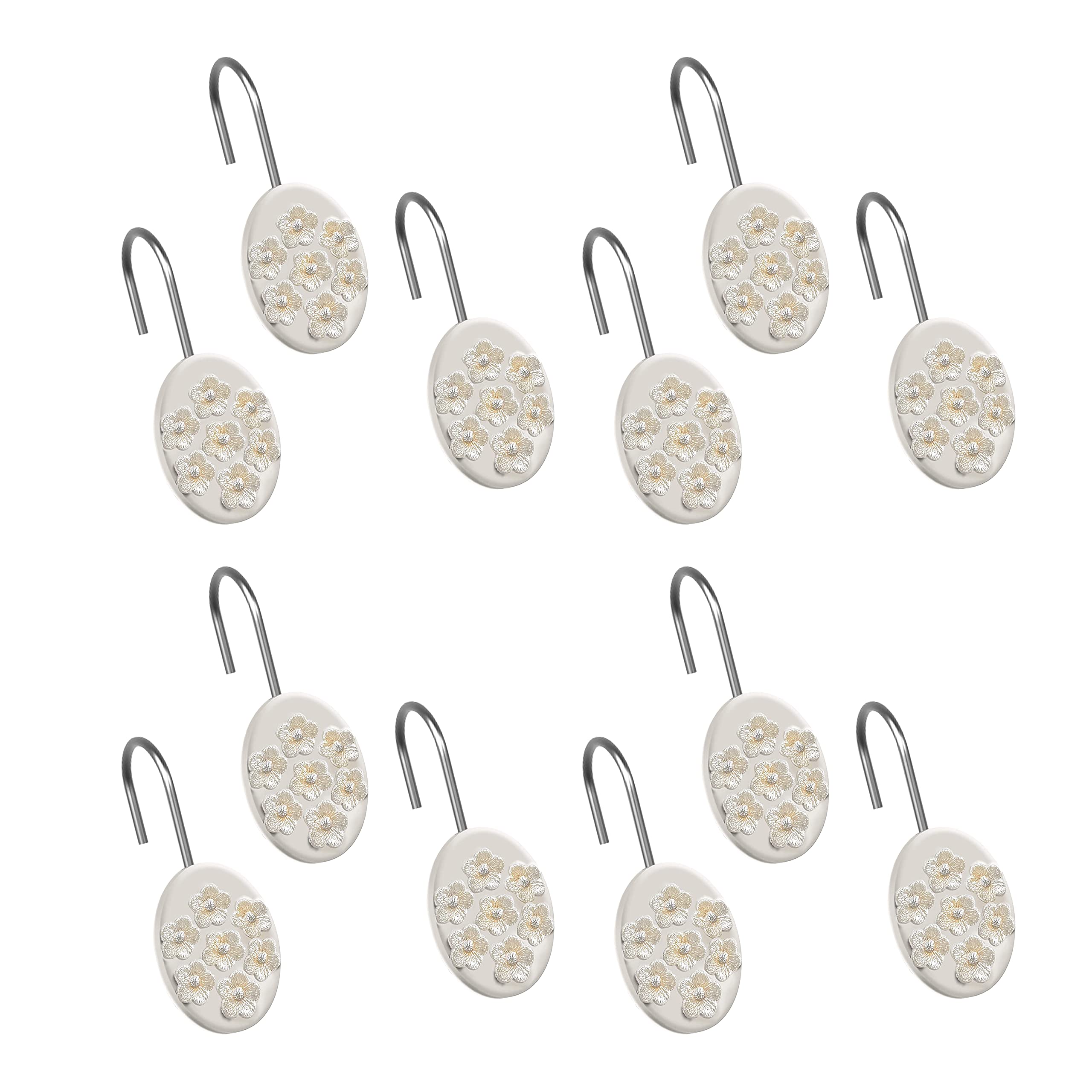 Bloomfield Beige Bath Shower Hooks - Heavy Duty Rustproof Shower Curtain Hooks for Bathroom, Spa & Home Decor - Set of 12 Hooks with Strong Grip