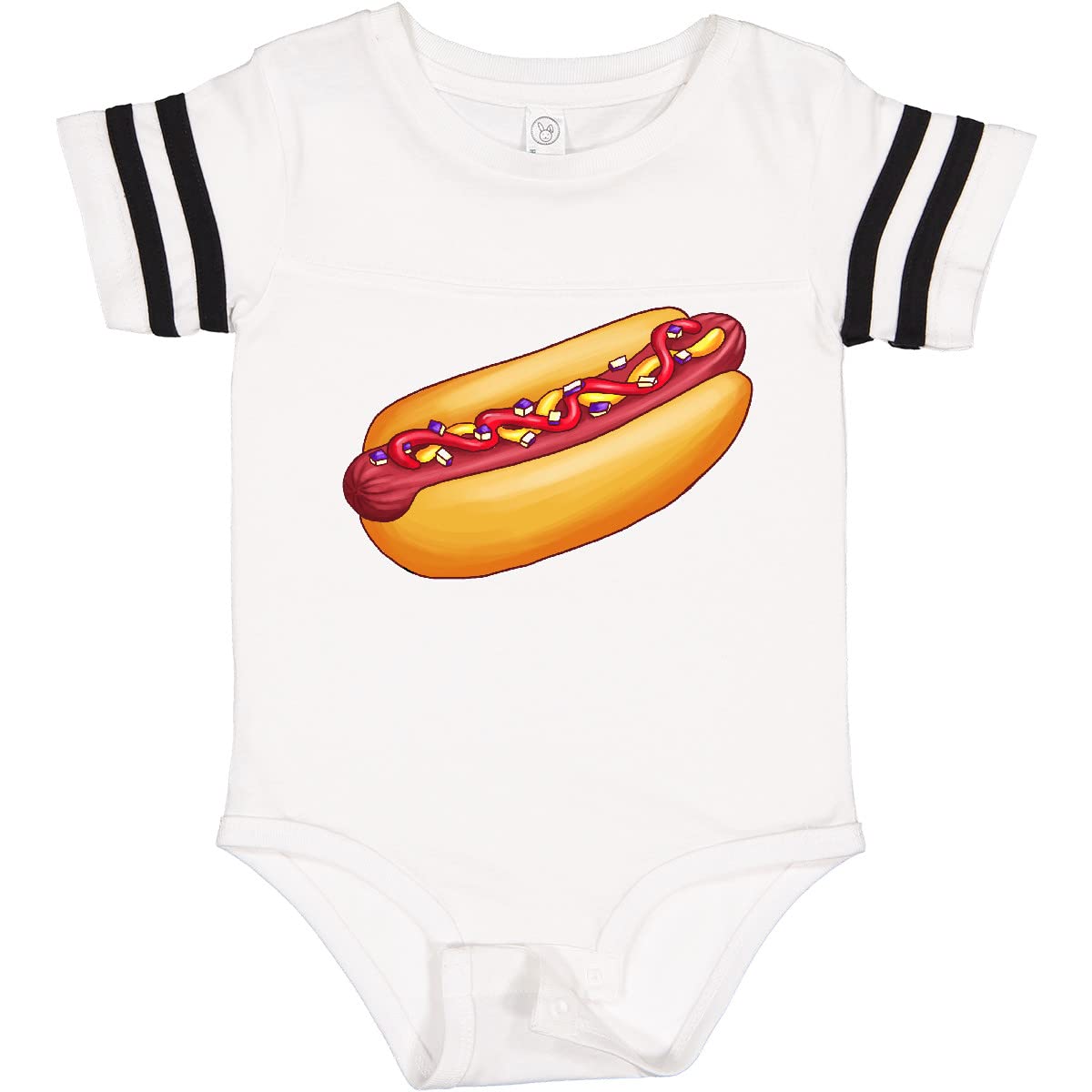 Inktastic Hot Dog Print Baby Bodysuit - Cute Mustard, Onions & Ketchup Design - Soft Cotton Infant Onesie for Playdates, Family BBQ & Summer Outings