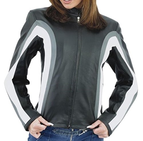 Women's Black Leather Jacket with Gray & White Stripes - Stylish Biker Jacket for Casual Outfits & Night Out | Perfect for Fall & Winter Fashion