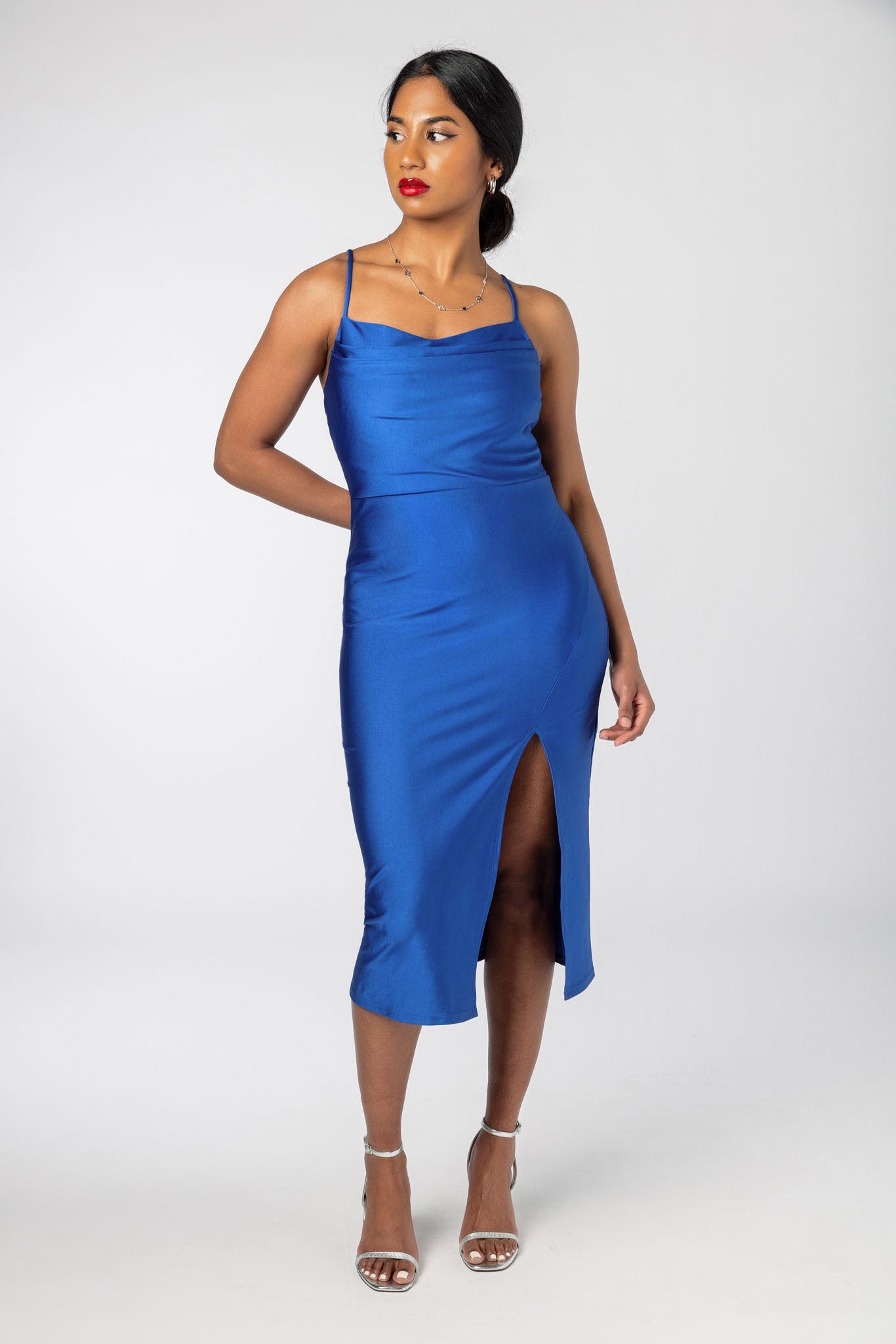 Elegant Satin Spaghetti Strap Midi Dress with Side Slit - Perfect for Cocktail Parties, Date Nights & Summer Weddings