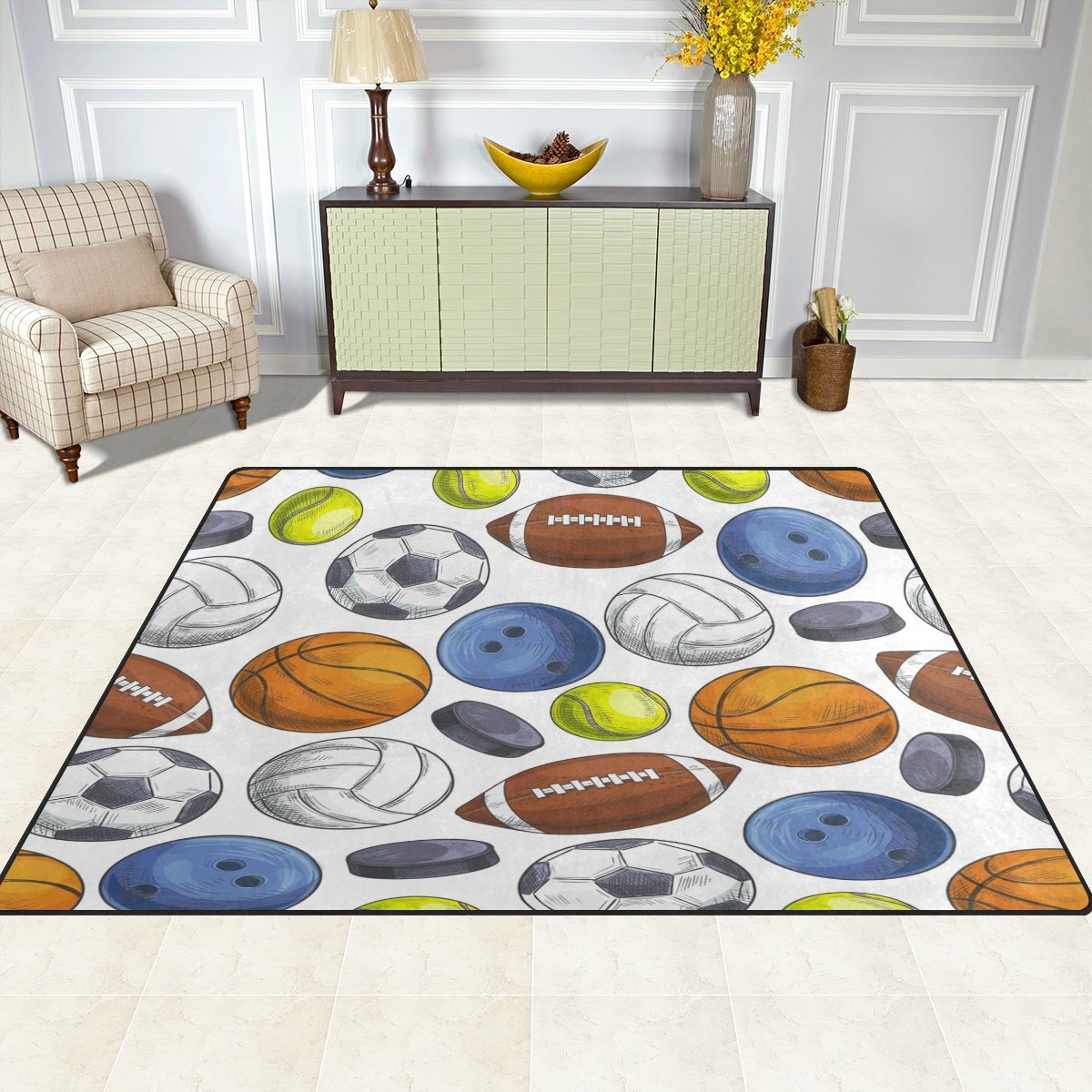 ALAZA Modern Geometric Sports Rug - Tennis, Basketball & Soccer Design - 5'3