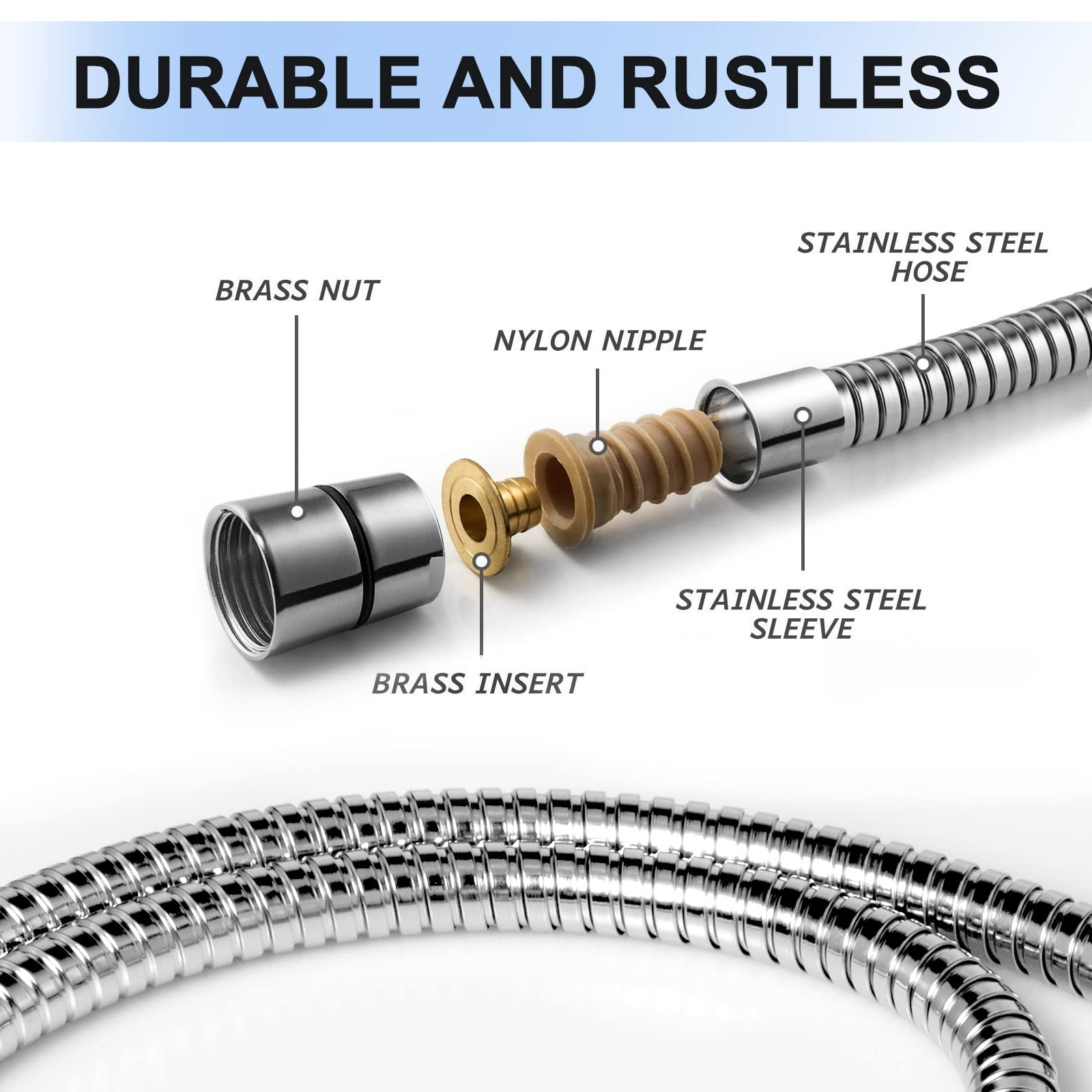 79 Inch Extra Long Stainless Steel Shower Hose with Brass Insert - Flexible Chrome Handheld Shower Head Replacement - Perfect for Bathroom, RV & Mobile Homes