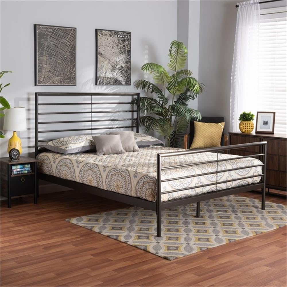 Industrial Black Metal Full Size Platform Bed Frame - Modern Minimalist Studio Alva Design for Bedroom, Guest Room & Dormitory