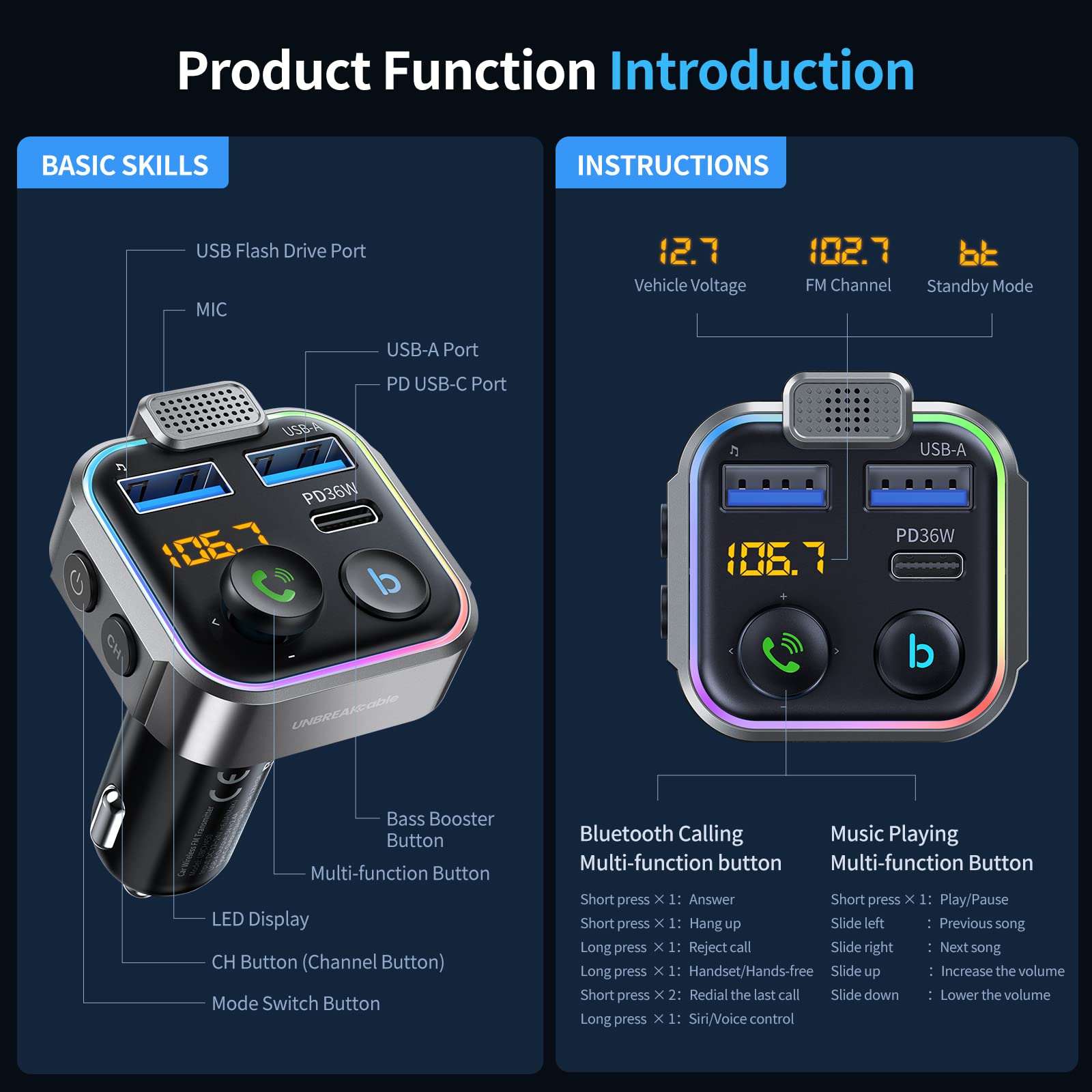 UNBREAKcable Bluetooth FM Transmitter for Car - 38W PD Fast Charger, Wireless FM Radio Adapter with Hands-Free Calling & HiFi Bass Boost | Supports USB Drive & MP3 Playback | Perfect for Road Trips, Commuting & Music Lovers