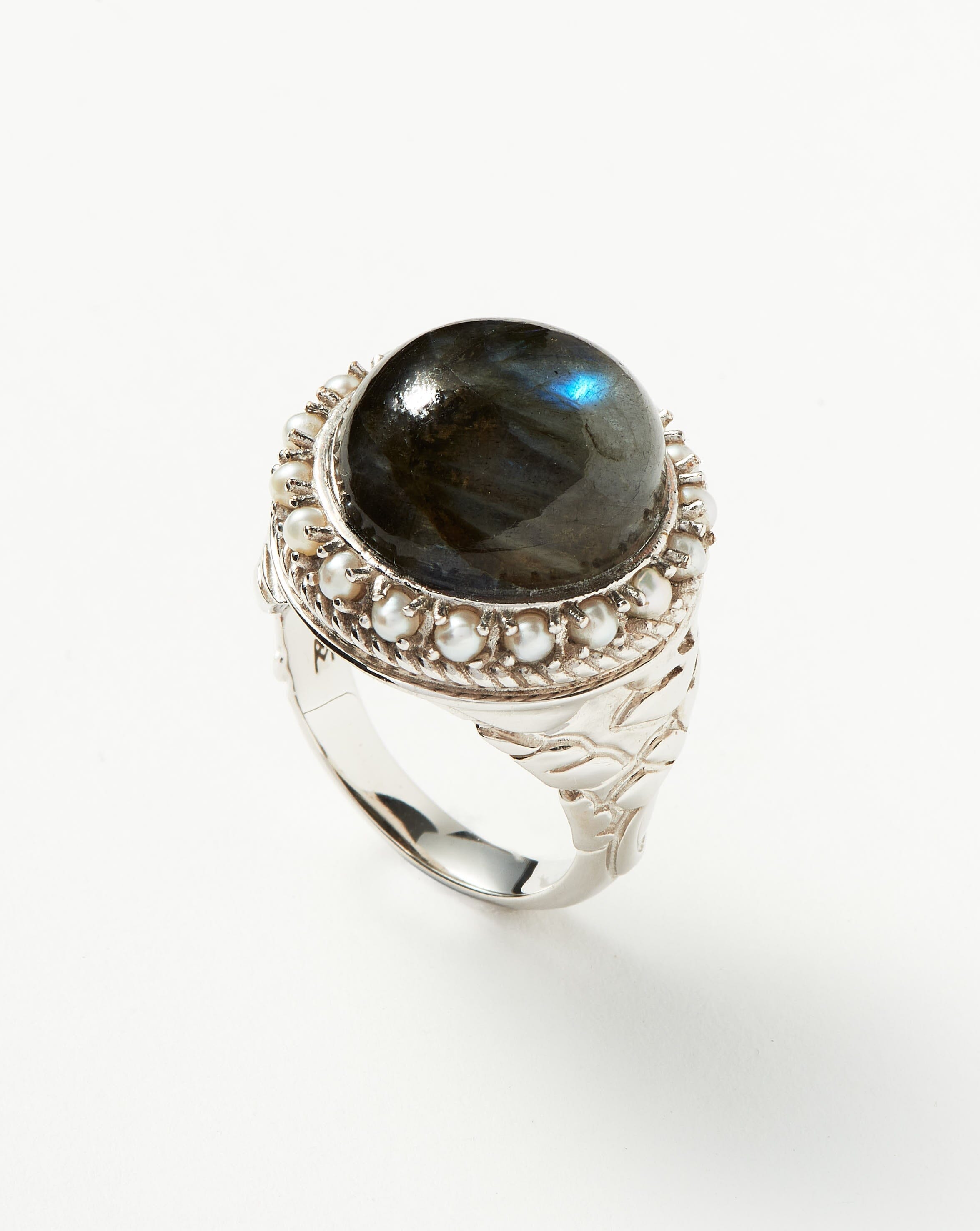 Harris Reed Labradorite Cocktail Ring - Sterling Silver Plated with Genuine Pearl & Natural Labradorite Gemstone | Elegant Jewelry for Women, Perfect for Parties, Weddings & Special Occasions