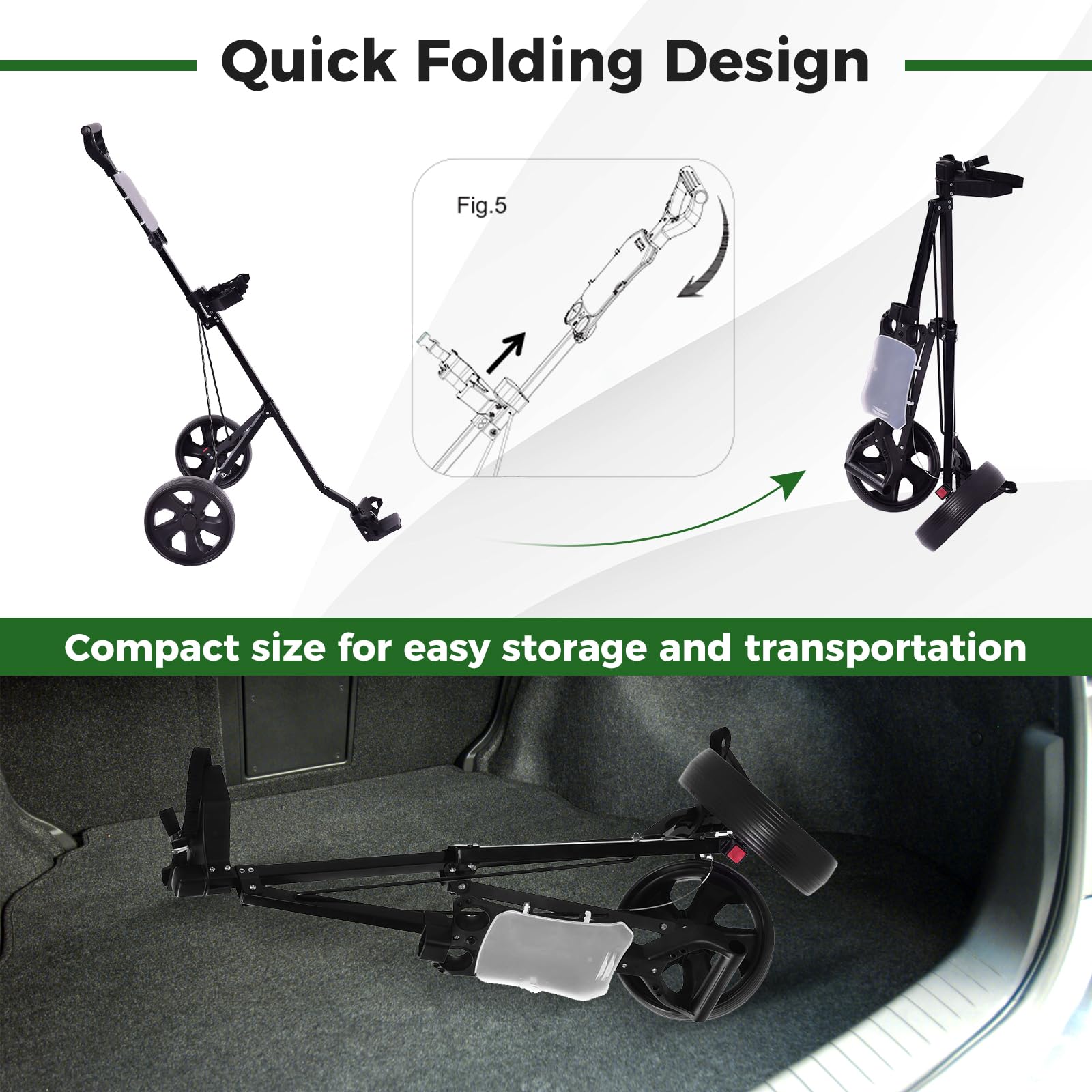 Premium 2 Wheel Golf Push Cart - Foldable Golf Trolley with Scorecard Holder, Upper/Lower Bracket & Elastic Straps | Lightweight Portable Golf Bag Caddy for Walking Courses | Perfect for Golfers, Seniors & Walking Enthusiasts on Any Terrain