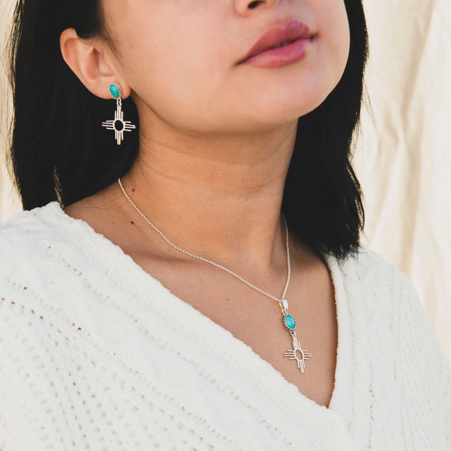 Turquoise Zia Jewelry Set - Handmade Sterling Silver Necklace & Earrings - Perfect for Boho Fashion, Gift Giving & Special Occasions