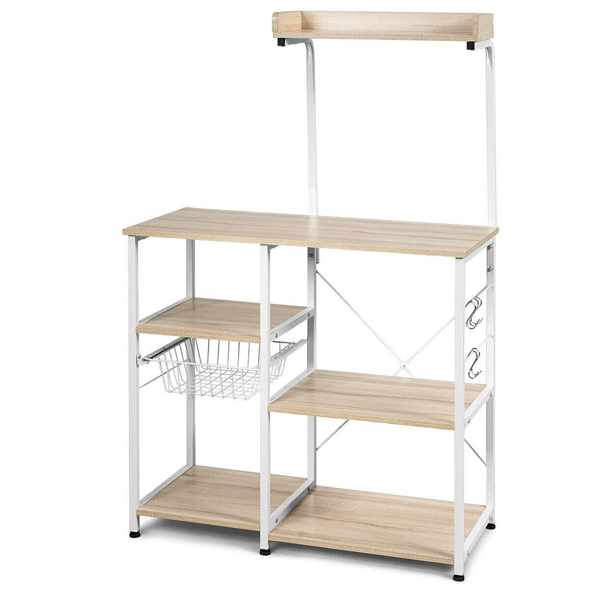 Vintage 4-Tier Kitchen Baker's Rack with Storage Basket & Hooks - Microwave Stand, Storage Organizer, Kitchen Shelf - Perfect for Small Spaces, Apartment Cooking & Countertop Organization
