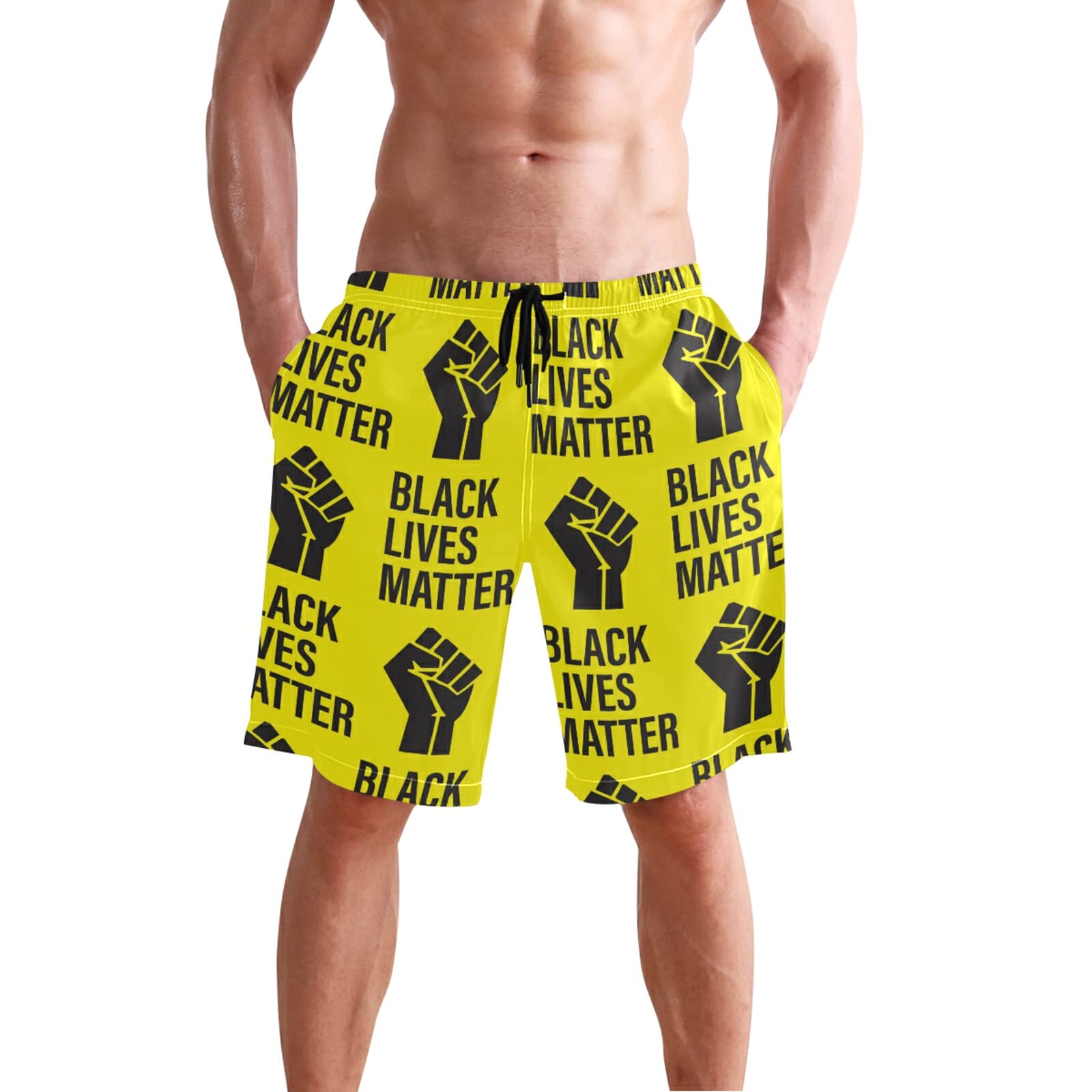 BLM Men's Swim Trunks - Quick Dry Beach Shorts with Mesh Lining | Black Lives Matter Movement Summer Bathing Suits for Pool, Beach & Water Sports