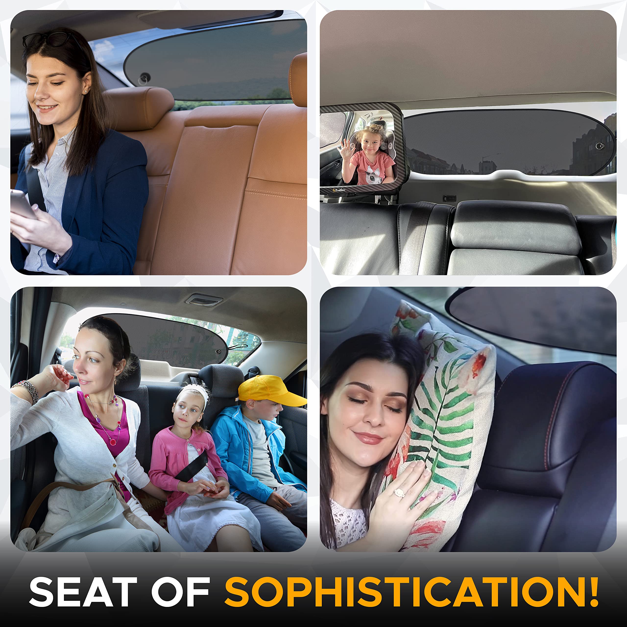 20”x12” Car Windshield Sun Shade + Side Window Shades (4 Pack) & 39”x17” Rear Window Sun Shade | Complete UV Protection for Baby & Child Safety | Car Interior Accessories for Summer Heat | Perfect for Road Trips, School Runs & Family Travel