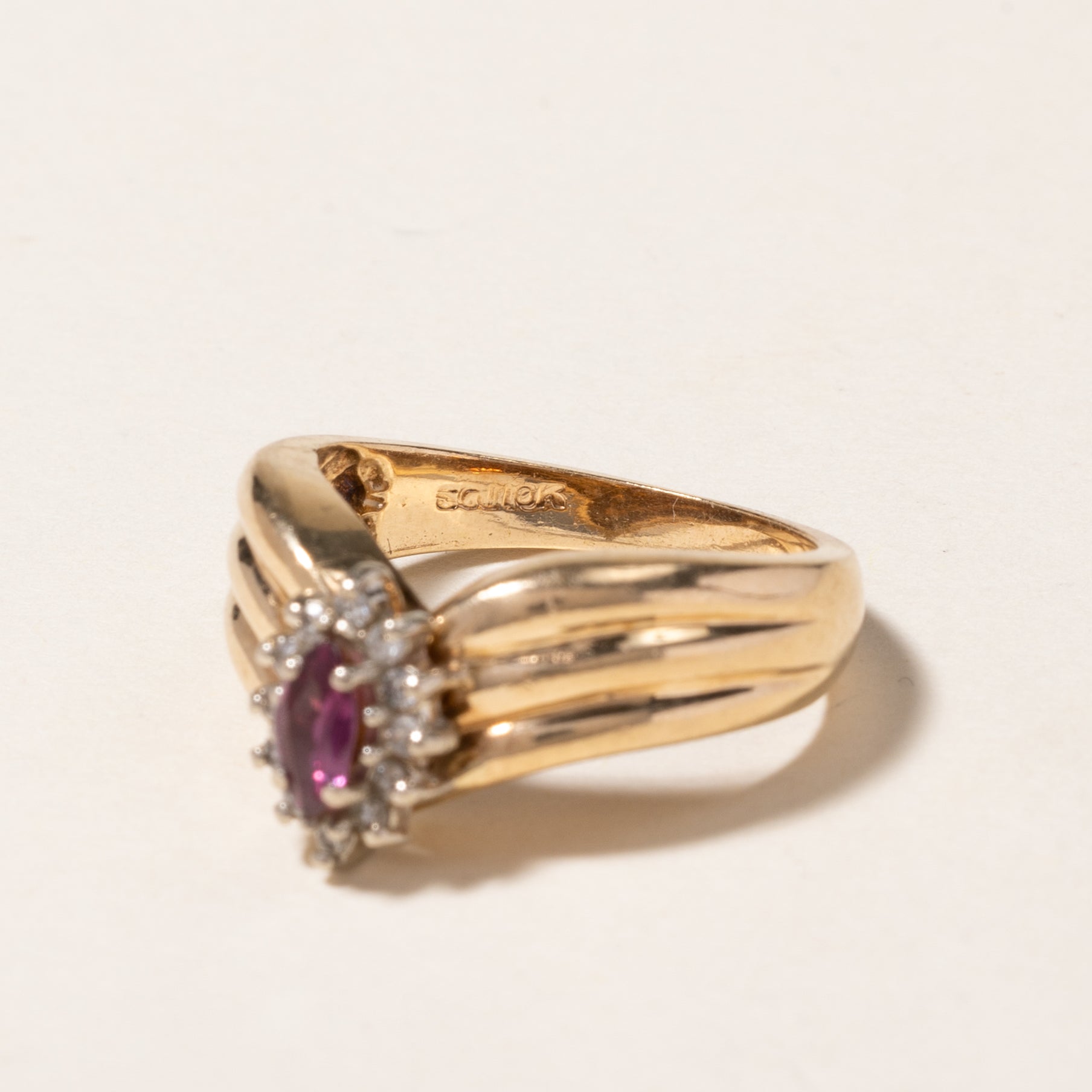 10K Ruby and Diamond Grooved Chevron Ring - 0.28ct Ruby with 0.03ctw Diamonds - Size 5.75 - Elegant Wedding Band, Anniversary Gift for Her, Valentine's Day Jewelry