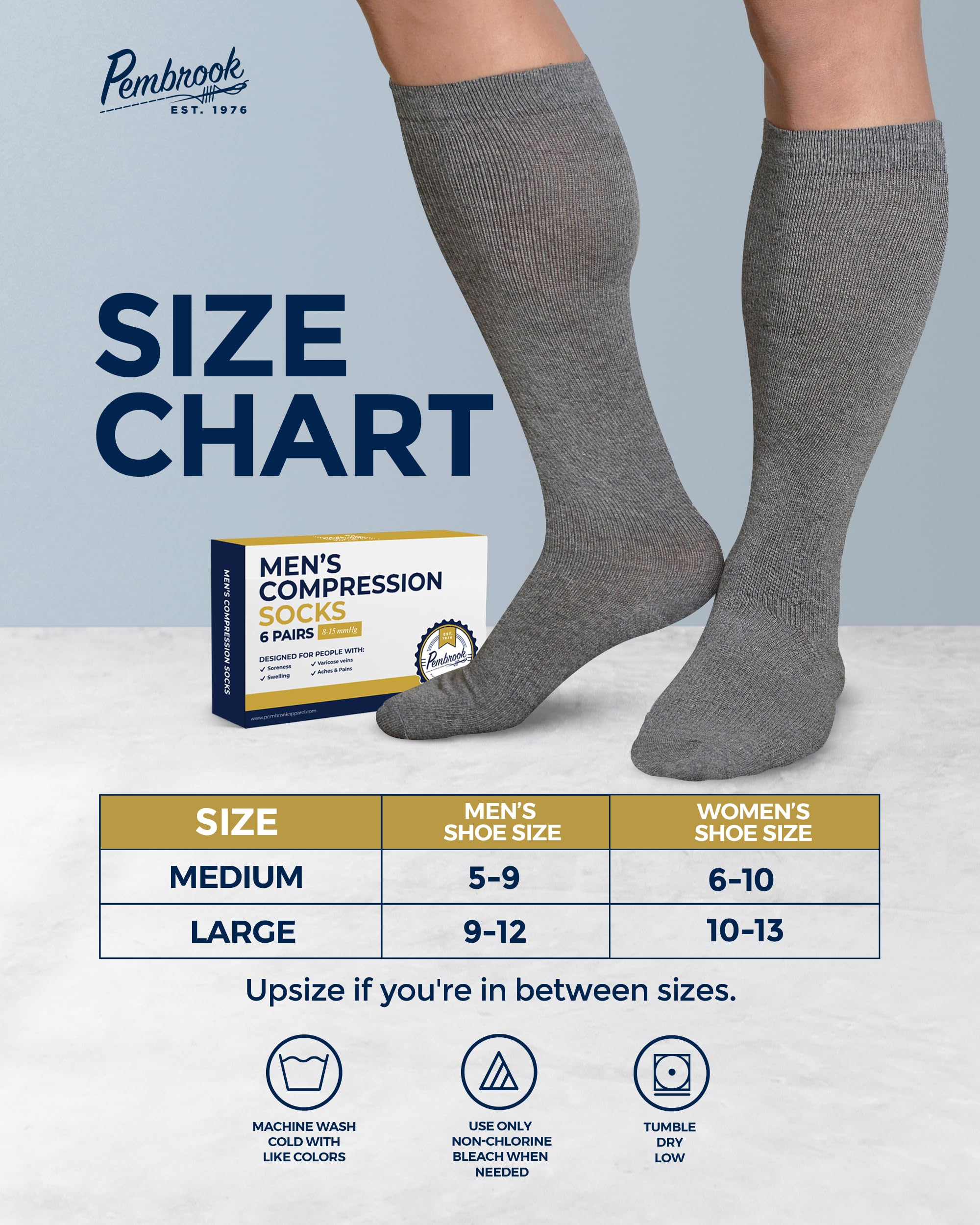 Pembrook Men's Light Compression Socks 6-Pack (8-15 mmHg Graduated Support) - Ideal for Running, Travel & Circulation - Size 9-12