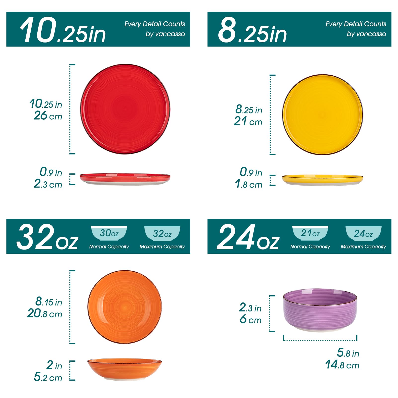 Vancasso Bonita 24-Piece Stoneware Dinnerware Set for 6 - Microwave & Dishwasher Safe Plates, Bowls & Mugs - Colorful Dining Set for Everyday Meals, Family Gatherings & Restaurant-Style Presentation