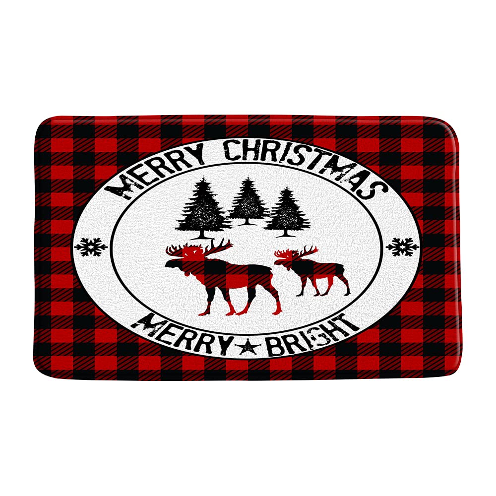 Festive Christmas Bath Mat - Red & Black Buffalo Check Plaid with Moose & Pine Trees Design - Microfiber Memory Foam Non-Slip Bathroom Rug - 17.7