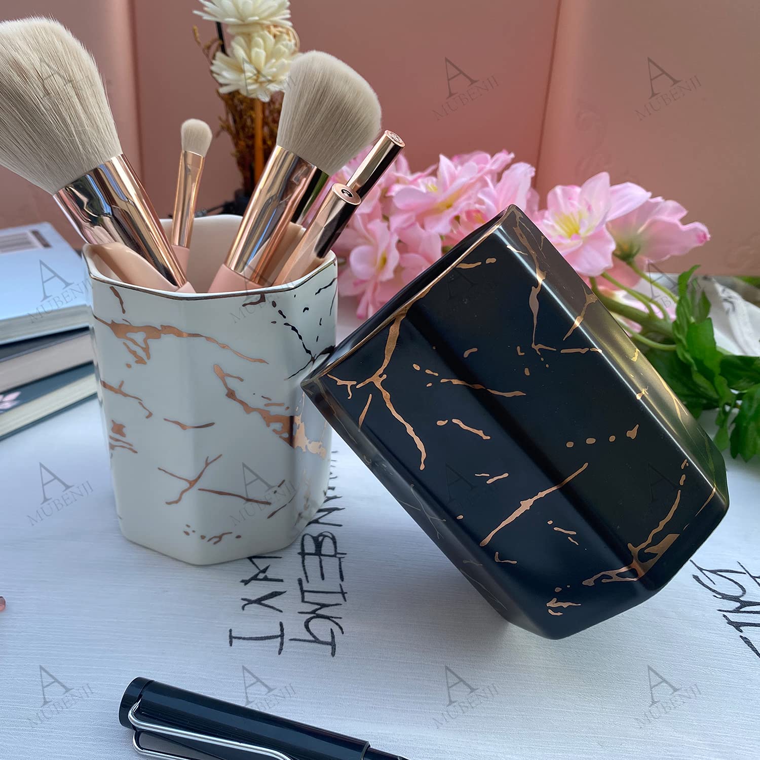 Premium Ceramic Pen Holder & Makeup Brush Cup - 2 Pack White & Black Durable Desk Organizer for Kids, Office & Home | Perfect Gift for Students, Artists & Professionals | Ideal for School, Work & Vanity Organization