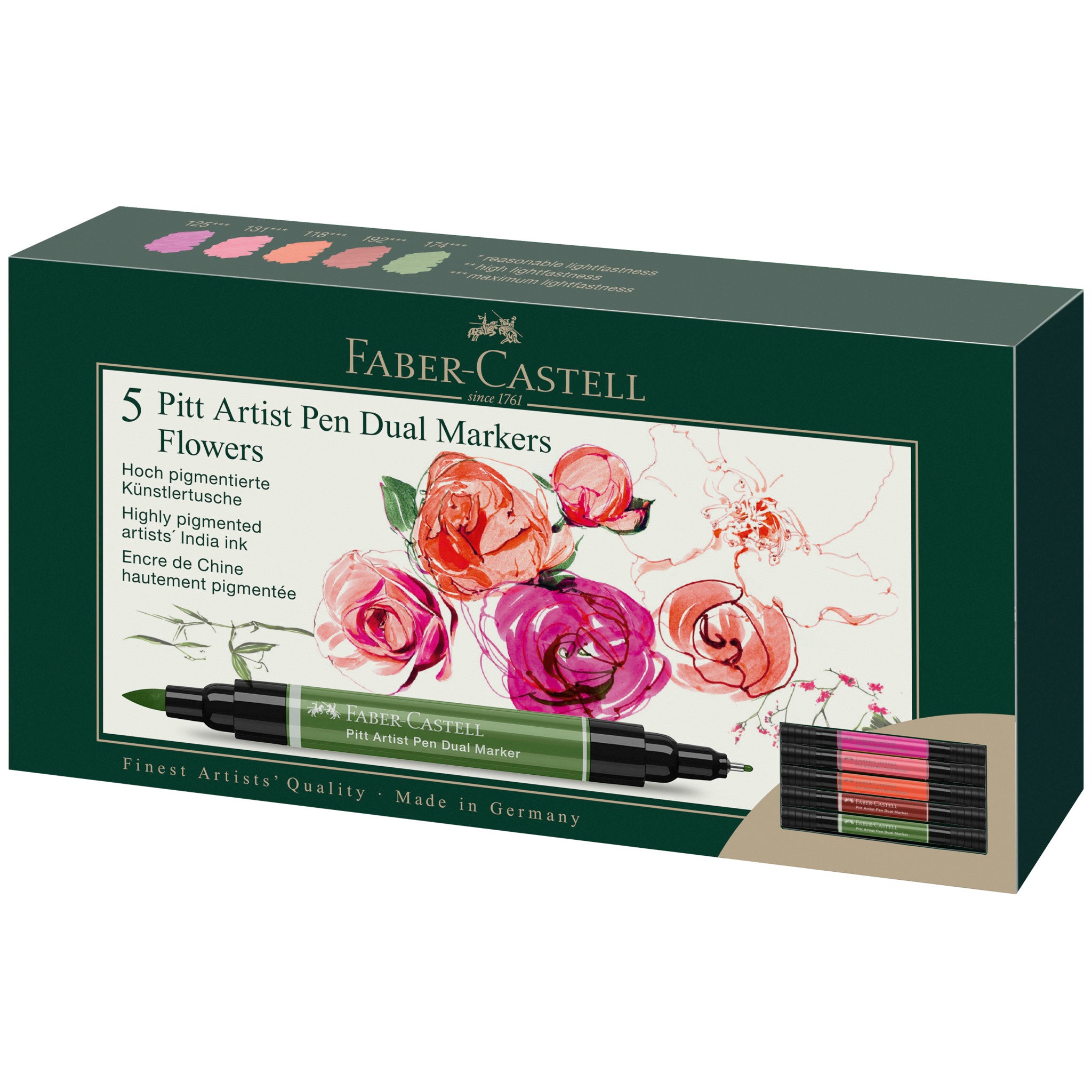 Pitt Artist Pen Dual Markers - Set of 5 Fine Tip Brush Pens for Calligraphy, Drawing & Illustration | Perfect for Sketching, Hand Lettering & Art Projects | Flowers Design #162007