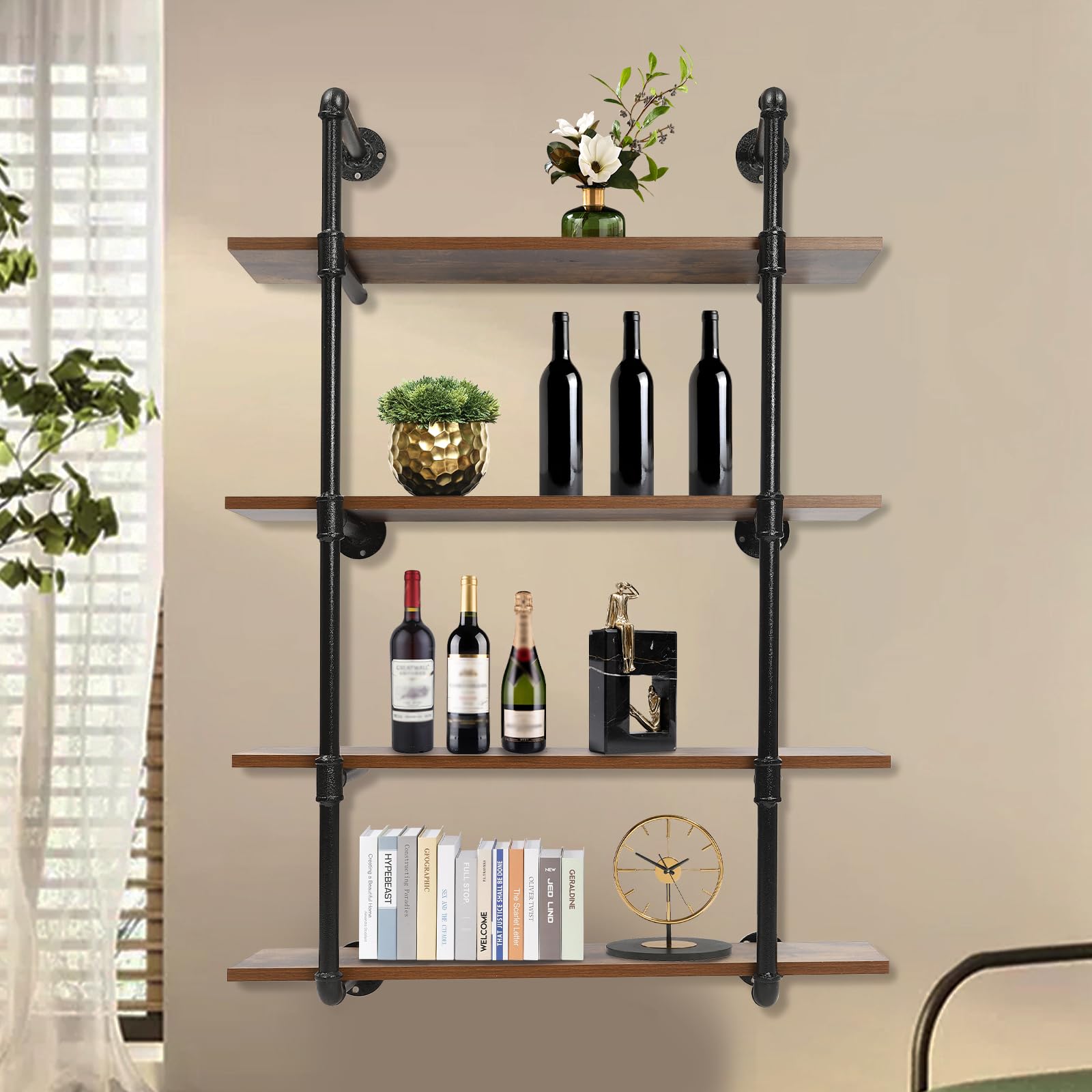 4-Tier 30-Inch Industrial Pipe Floating Shelves - Rustic Metal Wall Mounted Bookshelf for Living Room, Bedroom, Kitchen & Bathroom - Heavy Duty Storage Shelf Unit for Home, Office, Supermarket & Retail Stores