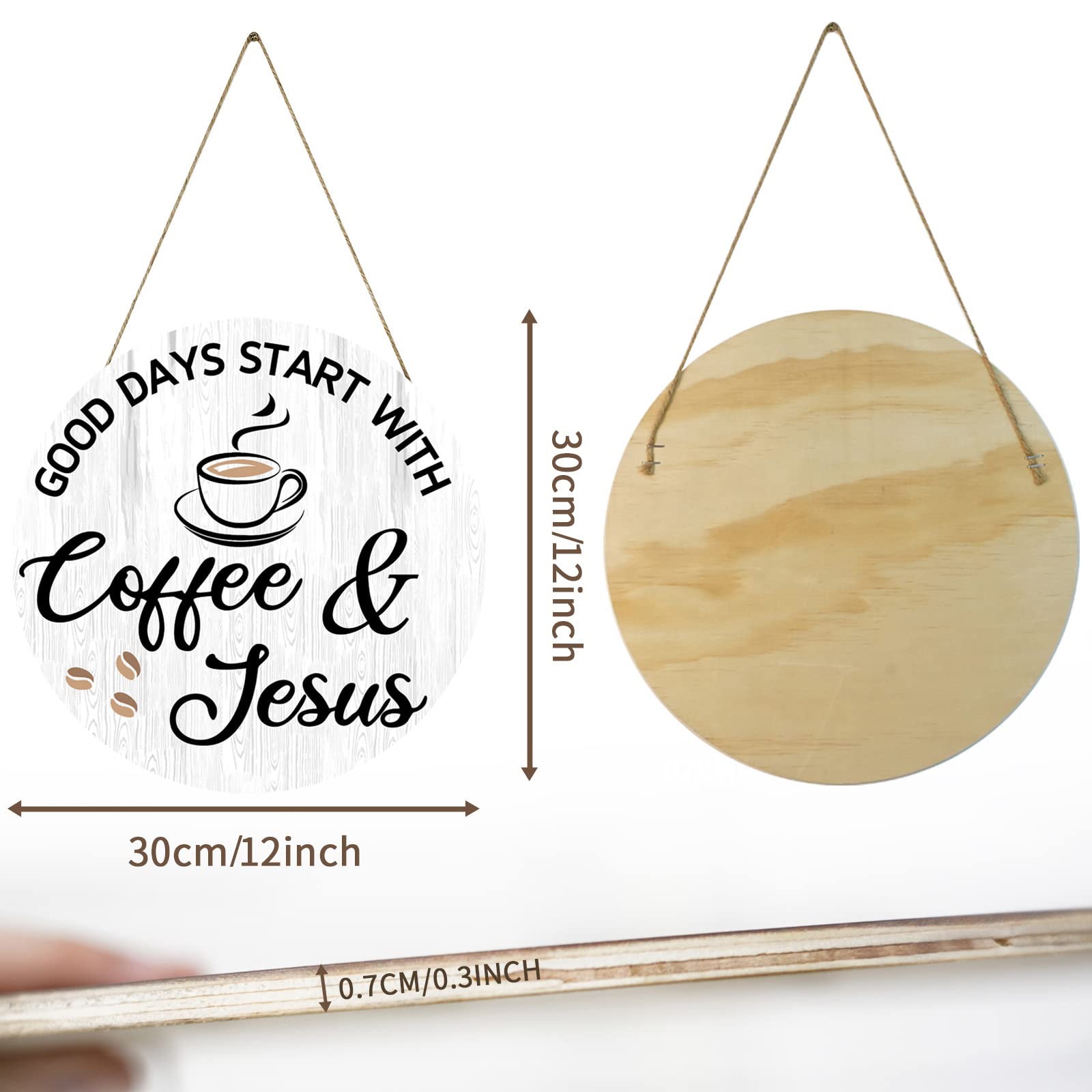 HMASYO Farmhouse Wood Coffee Bar Wall Sign - 'Good Days Start with Coffee & Jesus' - 12x12 Inch Rustic Home Decor for Kitchen, Office, Cafe & Coffee Station - Perfect Gift for Coffee Lovers (Great for Coffee Themed Spaces & Christian Home Decor)