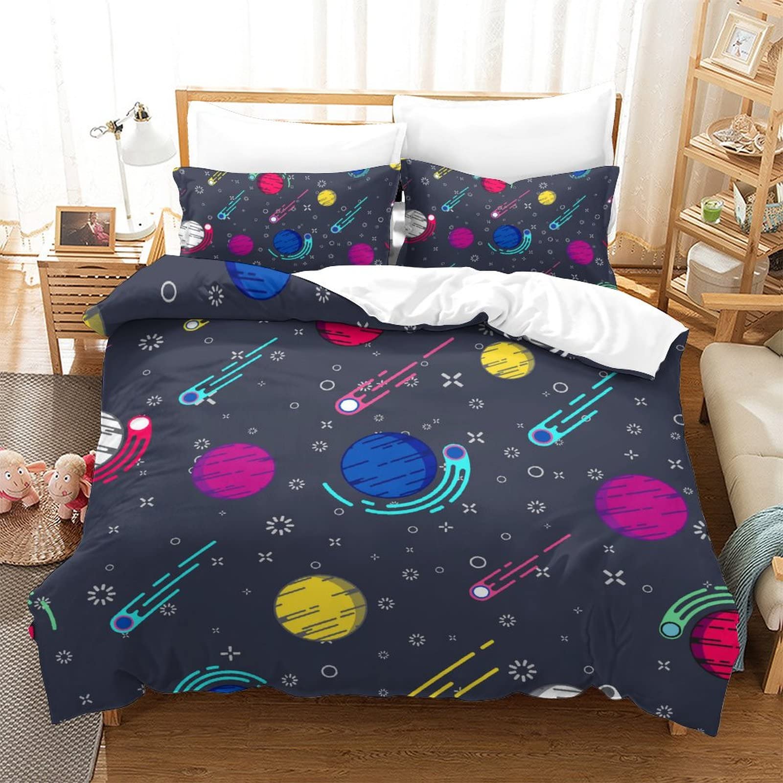 Cartoon Outer Space Bedding Set - Cute Planets Duvet Cover with Zipper Closure | Lightweight & Soft Comforter Cover | Perfect for Kids Room, Teen Bedroom & Space Theme Decor