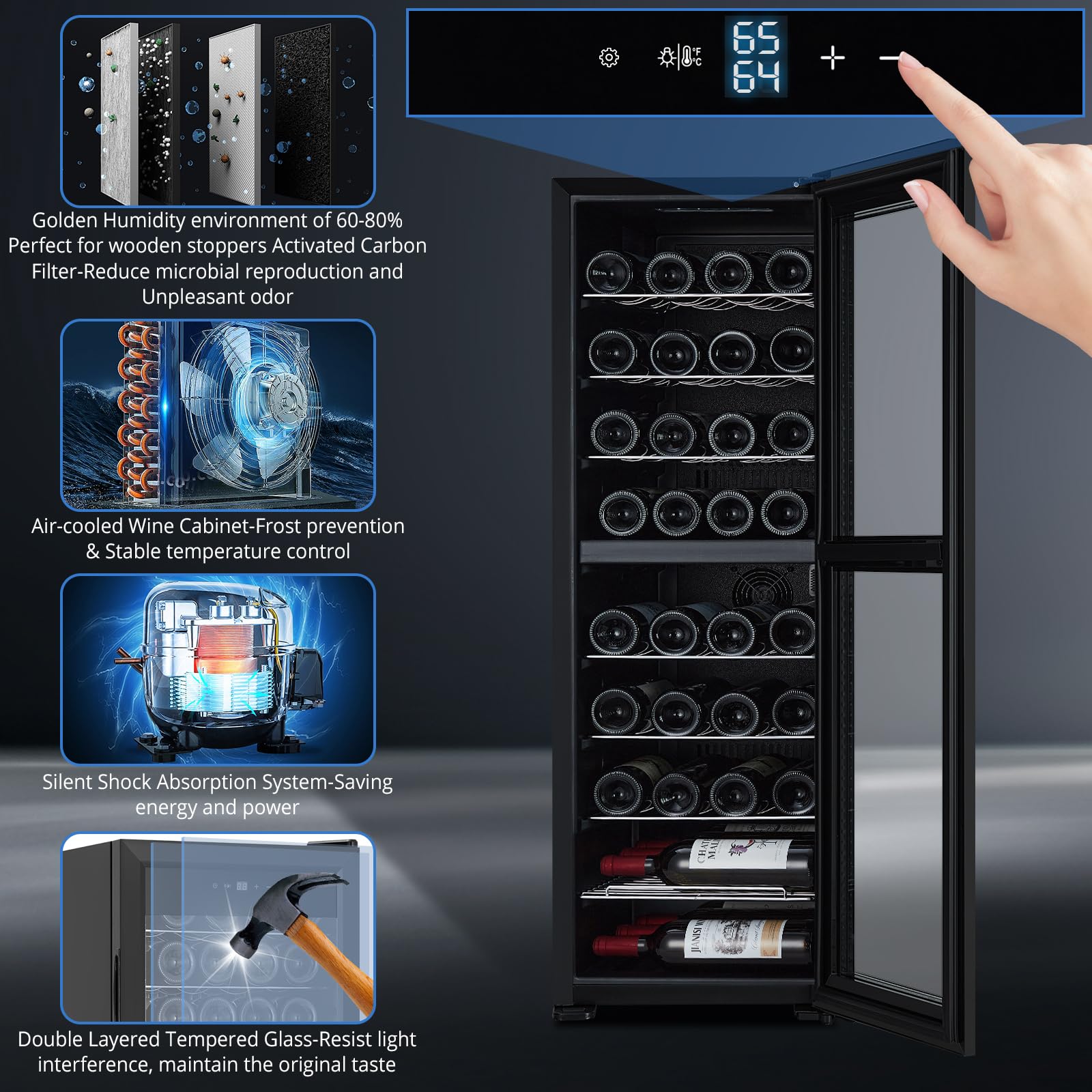 GARVEE 39 Bottle Wine Cooler Refrigerator - Compressor Wine Cellar with Digital Temperature Control (41°F-64°F), Dual Layer Glass Door, LED Lighting, Compact Design for Red, White, Champagne & Sparkling Wines - Perfect for Home, Office, Bar, and Restaurant Use