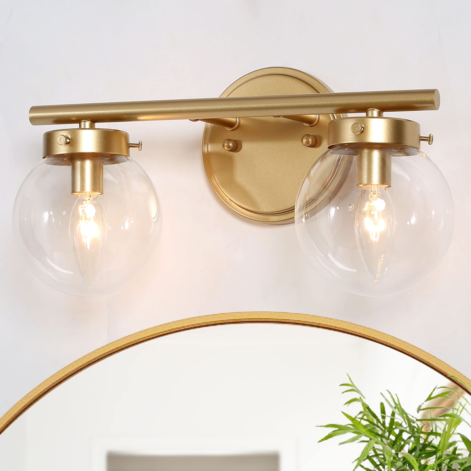 KSANA Modern Gold Bathroom Vanity Lights - 2-Light Wall Sconce with Clear Globe Glass for Mirror Lighting, 14