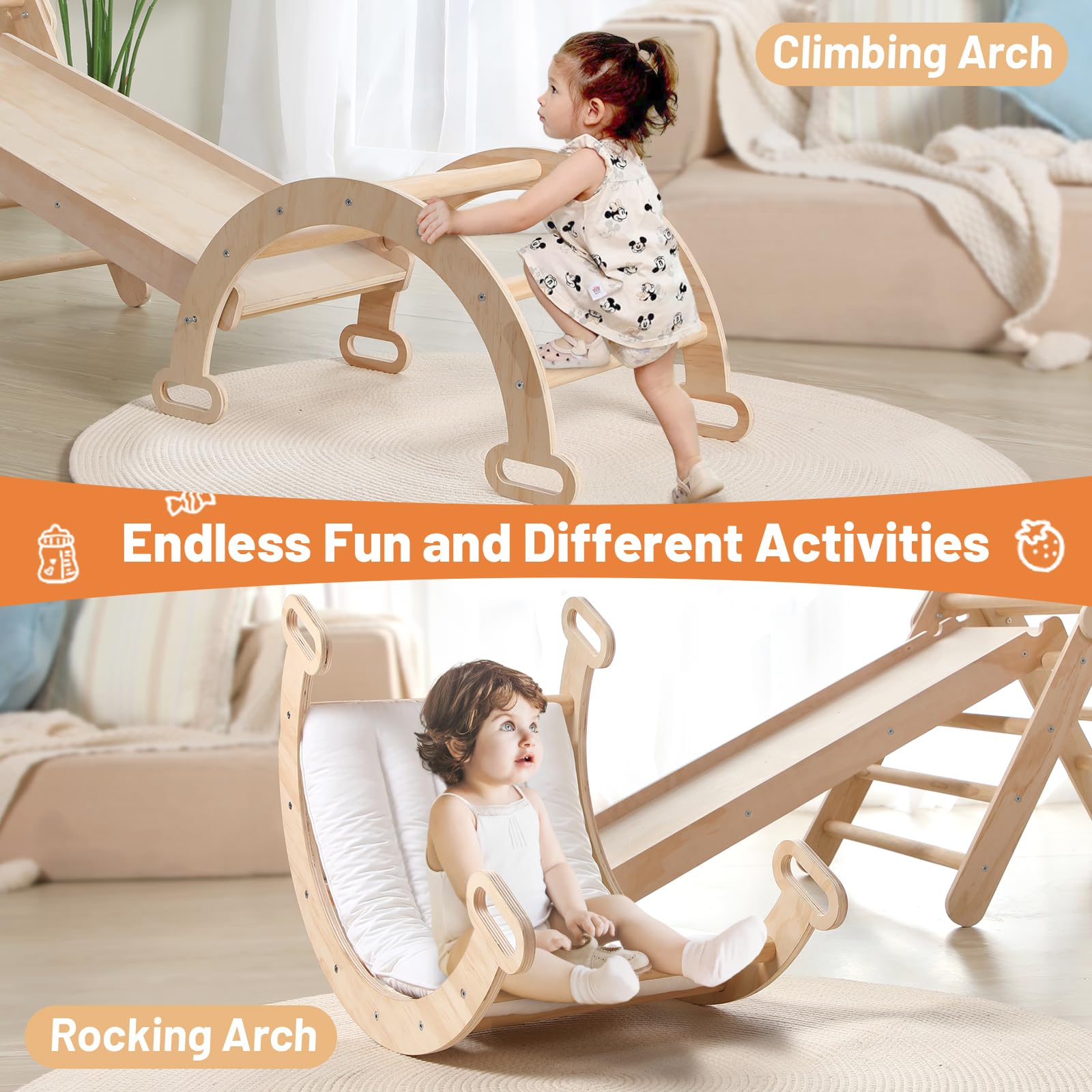 5 in 1 Wooden Climbing Toys for Toddlers - Foldable Montessori Climbing Triangle, Arch Climber & Ramp - Indoor/Outdoor Play Gym for Babies & Kids - Perfect Gift for Boys & Girls (Natural Wood) - Great for Playrooms, Backyards & Montessori Learning Activities
