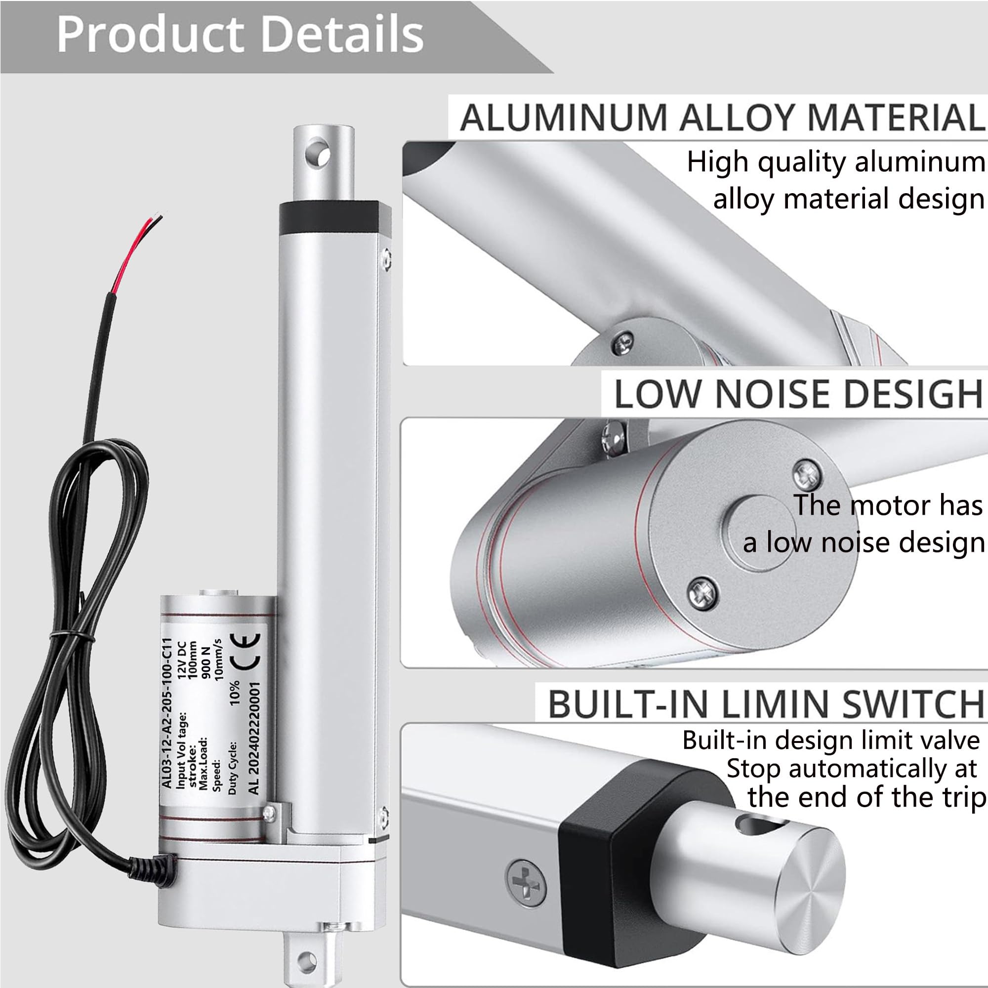 AWINLI 4 Inch Linear Actuator 12V DC - Heavy Duty 202Lbs (900N) High Speed 9mm/s with Remote Switch & Mounting Bracket - Industrial Use, Chicken Coop Doors, RV, Solar Panels, Medical Equipment (100mm Stroke)