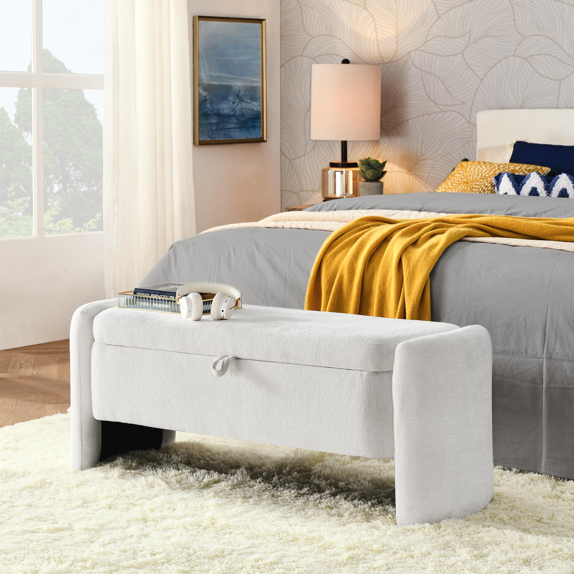 Oval Upholstered Storage Ottoman with Large Capacity - Chenille Fabric Bench for Living Room, Bedroom & Entryway - Cream White Storage Seat for Home Organization & Extra Seating