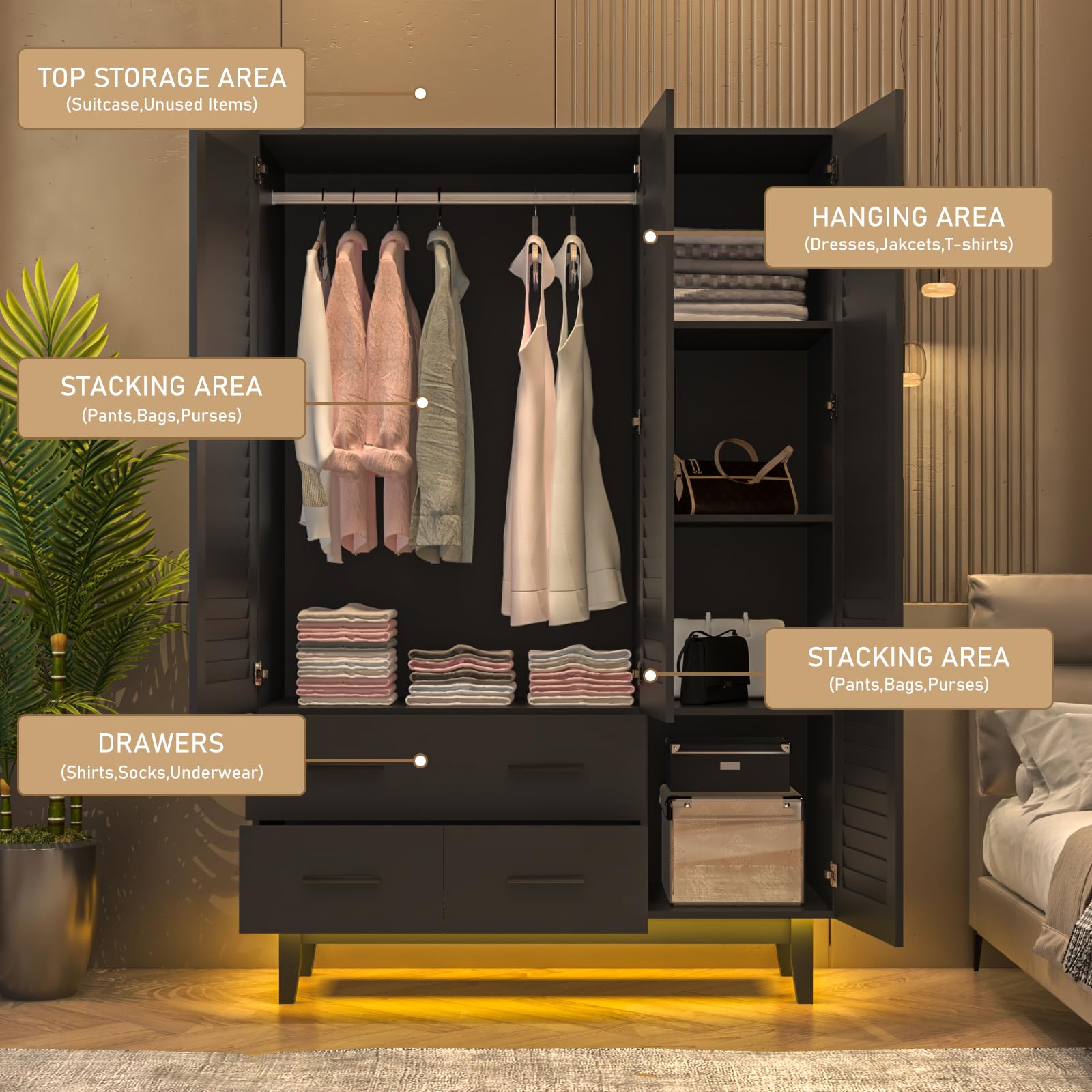 3 Door Armoire Wardrobe Closet with LED Lights & Drawers - Large Capacity Storage Cabinet with Multi-Tier Shelves, Hanging Rod & Louver Doors for Bedroom Organization - Perfect for Clothes, Shoes & Accessories Storage (Black)