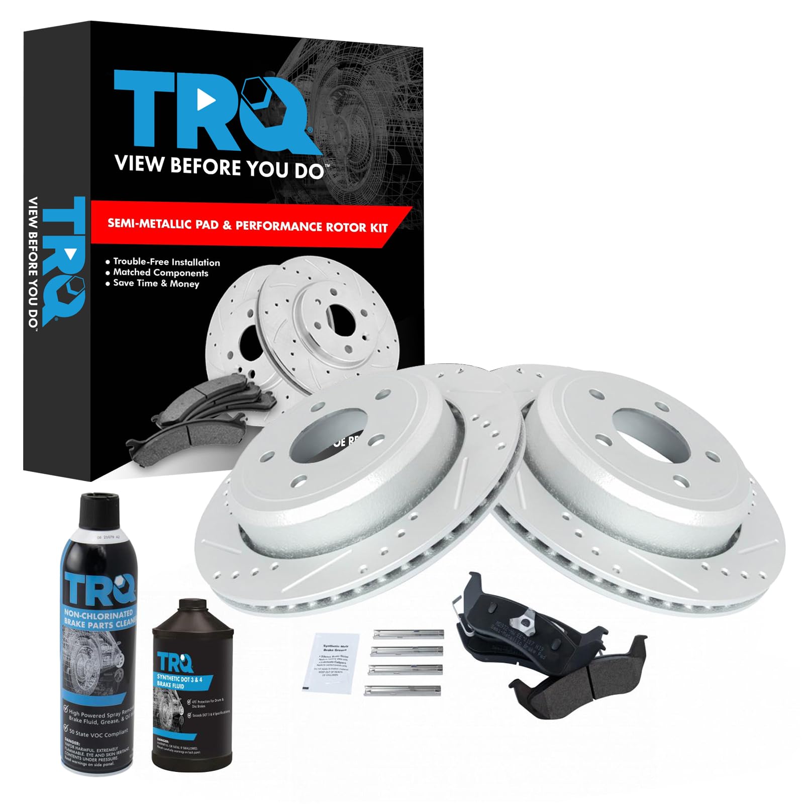 TRQ Rear Brake Pad and Performance Rotor Kit with Chemicals - Compatible with Ford Crown Victoria 2003-2011 - High-Performance Braking for Smooth Stops - Ideal for Daily Commuting, Highway Driving & Towing
